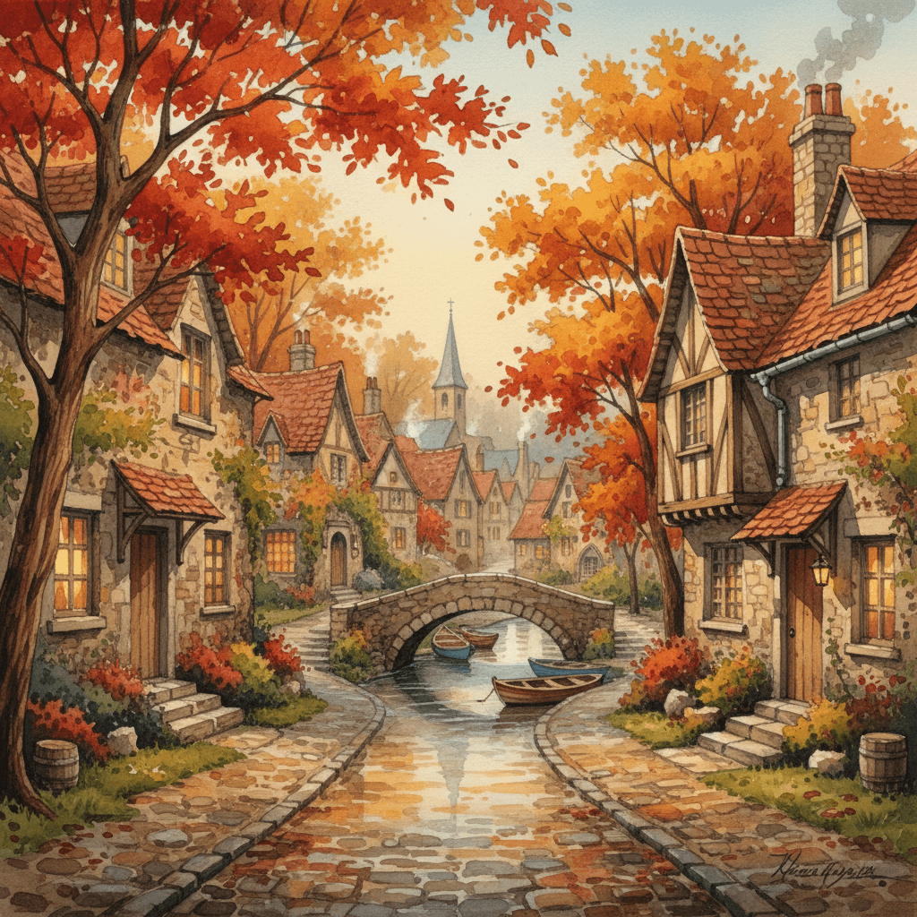 A hyper-detailed watercolor painting of a cozy European village in autumn, cobblestone streets, warm light.