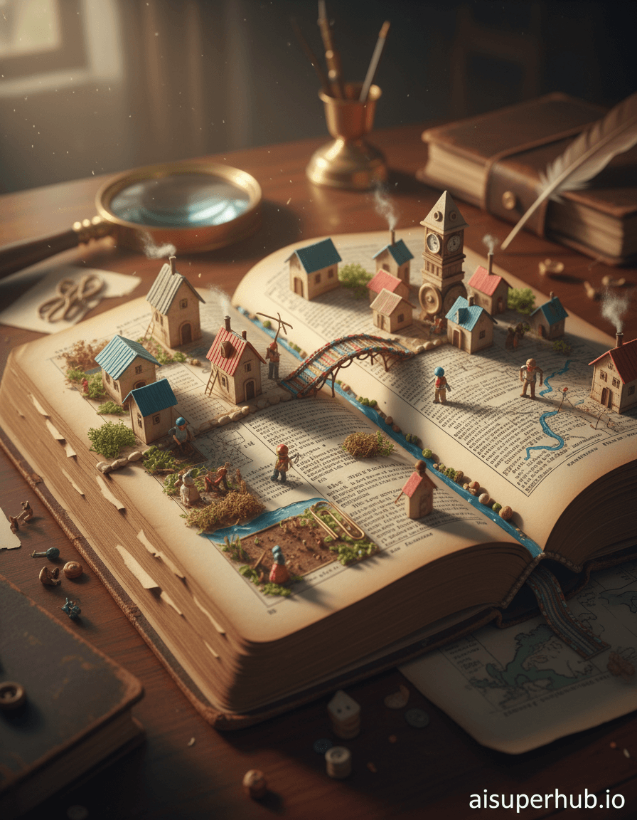 Create a hyper-realistic photorealistic image depicting a sprawling miniature town built upon and within the open pages of an ancient, colossal book for the Lifestyle portraits A vibrant, bustling miniature town, complete with tiny houses, shops, and winding streets, is constructed across the textured, yellowed pages of an enormous, half-open book. Miniature figures, no bigger than a thumb, interact with the book's text and illustrations as if they were natural landscapes. Details to include: Bridges from bookmarks connect pages. Houses carved into the spine emit cotton 'smoke'. Farmers tend gardens in margins using paper clips. A resin river flows along a printed line. A button-stacked clock tower casts shadows on a map illustration. The colossal book rests on a grand, polished wooden desk, surrounded by oversized, out-of-focus academic tools like a magnifying glass and quill. Dust motes dance, catching light, hinting at a forgotten library. Worn, foxed, and dog-eared page edges provide contours for the miniature landscape. Soft, golden hour light streams from an unseen window, casting long, warm shadows and highlighting page textures. The light possesses a magical, dreamlike quality, evoking wonder and peaceful nostalgia. Earthy sepia and parchment tones dominate, contrasted with vibrant pops of red, blue, and green from the miniature town, mirroring a classic storybook palette. A whimsical, enchanting, and utterly captivating sense of tiny lives thriving in a grand, unexpected environment. Macro photography, trompe l'oeil, mixed media layering, fantastical realism, hyperdetailed, cinematic composition, dreamlike. Overlay text 'aisuperhub.io'.