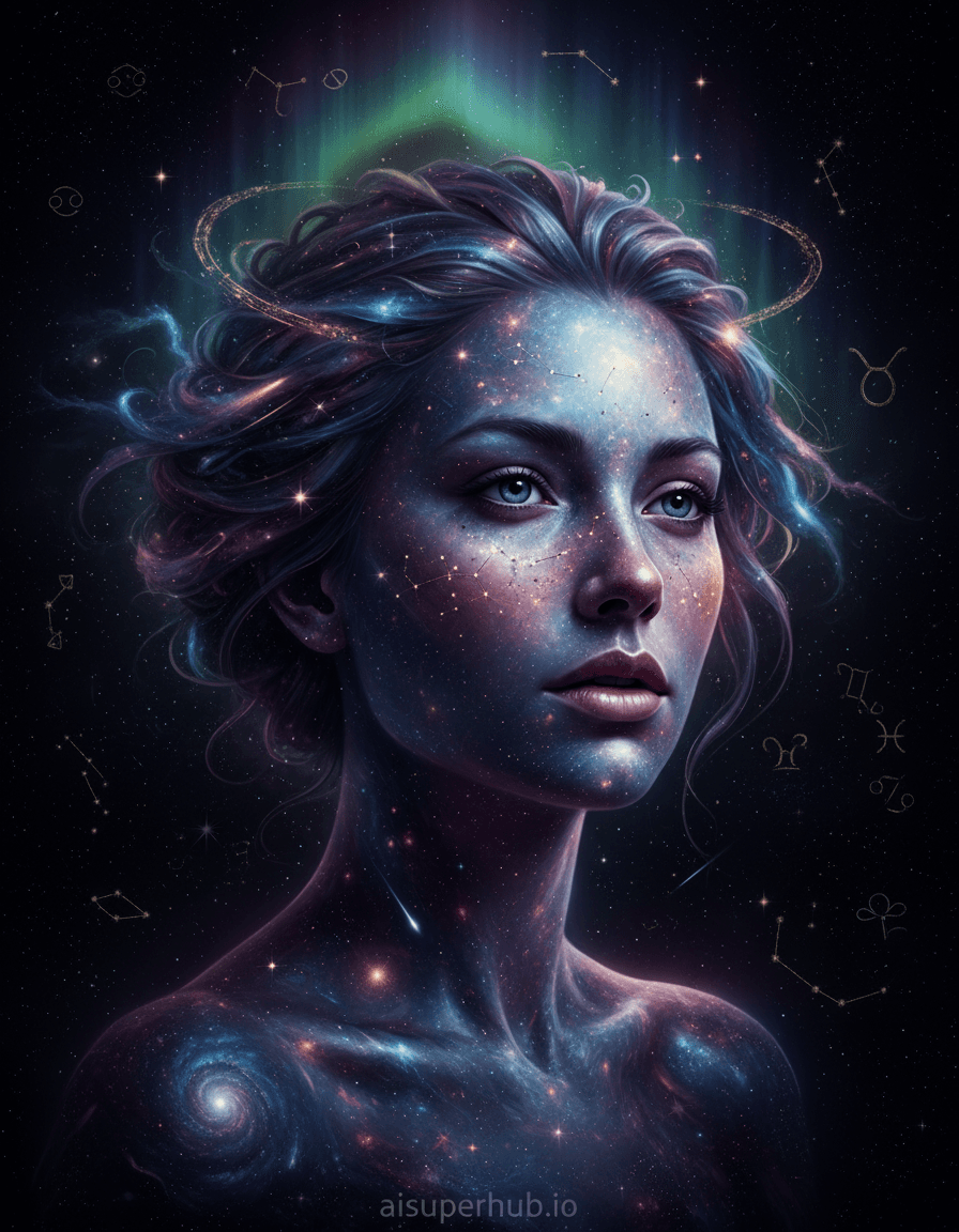 Create a hyper-realistic digital painting depicting a celestial portrait of a woman for the Creative portraits women. The central subject is a woman's face, intricately composed entirely of swirling galactic dust, vibrant nebulae, and shimmering starlight. Her expression is serene and profound, her gaze directed slightly off-center, as if contemplating the vastness of the cosmos she embodies. Details to include: Her hair gracefully transforms into a cascade of comets and asteroid belts; delicate constellations form subtle freckles across her nose and cheekbones; her lips are soft pink and purple nebulae, slightly parted; a faint, ethereal aurora borealis-like glow emanates from behind her; tiny, distant supernovae flicker within the deeper parts of her 'skin'. The woman's cosmic form is set against an impossibly deep black void, punctuated by the glittering expanse of a million distant stars, some forming recognizable constellations, others just pinpricks of light. Wisps of dark matter and faint, barely visible gas clouds drift gently in the backdrop, adding to the immense scale and mystery of the scene. The lighting is soft, diffuse, and entirely internal, emanating from the nebulae and stars that compose her form. It casts a gentle, otherworldly glow, highlighting the intricate details and creating a sense of wonder and contemplative calm. There's a subtle rim light from a hidden, ancient cosmic event, imbuing the scene with a timeless, spiritual quality. Color palette: A rich blend of deep indigos, ethereal purples, radiant blues, soft cosmic pinks, and shimmering gold accents, all contrasted against the infinite black of space. Mood/atmosphere: A profound sense of awe, serenity, and cosmic connection pervades the image. Style summary: Hyperrealism, celestial art, cosmic portraiture, digital painting, dreamlike, visionary art, high detail, photorealistic textures, fantastical, ethereal. Add a subtle overlay text at the bottom, centered, with the credit 'aisuperhub.io'.