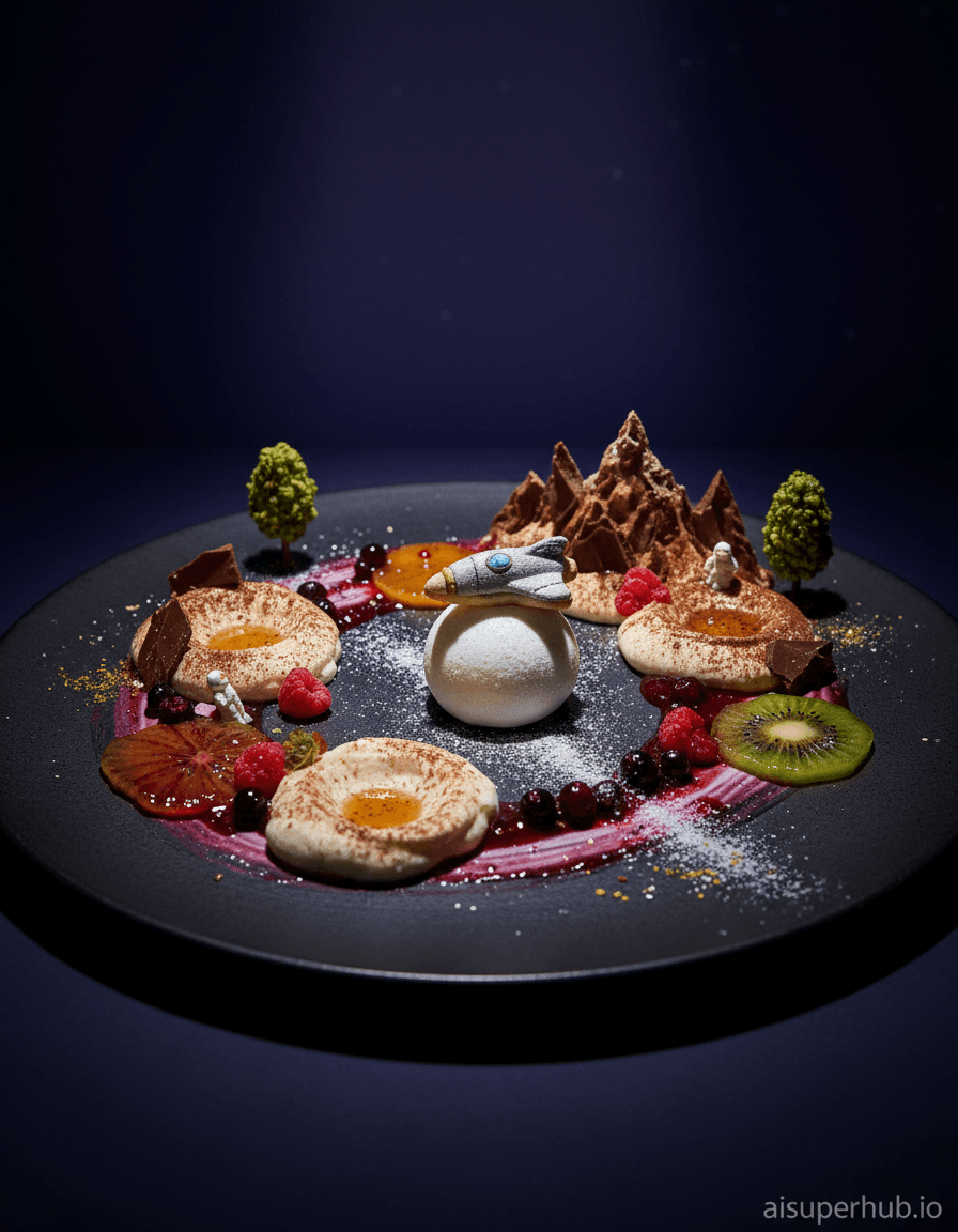 Create a hyper-realistic macro photography depicting a gourmet dessert reimagined as a fantastical, edible lunar landscape for the Food photography. A meticulously arranged dessert, perhaps a deconstructed tiramisu or a pavlova, forms the terrain of a celestial body. Creamy peaks mimic craters, chocolate shards stand in as jagged mountains, and berry sauces flow like rivers across the edible topography. The central action shows a tiny, intricate edible spaceship (a sugar cookie with silver edible dust) "landing" on a meringue moon, leaving a delicate sugar dust trail across the dessert surface. Details to include: Tiny edible astronaut figures made of marzipan exploring the "chocolate mountain" range; a "nebula" swirl of berry coulis and powdered sugar on the plate; glazed fruit slices reflecting like alien lakes; a "constellation" of edible glitter scattered across the scene; miniature edible trees made from matcha-dusted pistachios. The entire scene is presented on a minimalist, dark matte slate or ceramic plate, emphasizing the vibrant colors and intricate details of the edible landscape. The background fades into a deep, velvety abyss, suggesting outer space, with subtle, almost imperceptible hints of distant starlight, ensuring all focus remains on the incredible food creation. Dramatic, high-contrast chiaroscuro lighting, with a single powerful spotlight illuminating the central "landing" zone of the dessert landscape, creating deep shadows and intense highlights that emphasize texture and depth, evoking a sense of wonder and epic discovery. Rich, deep blues and purples for the background, contrasting with warm earth tones (chocolate, caramel) and vibrant pops of red (berries), white (cream, meringue), and green (pistachios) for the food elements, with touches of shimmering silver and gold edible dust. Whimsical, awe-inspiring, and deliciously adventurous. Hyper-realistic macro photography, culinary art, trompe l'oeil, fantasy art, fine dining presentation, dreamlike, cinematic. Overlay text: aisuperhub.io
