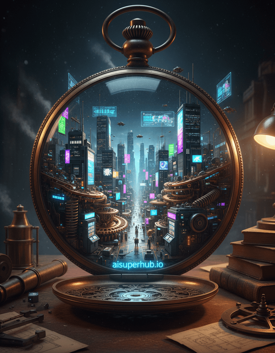 Create a hyper-realistic panoramic view depicting a bustling cyberpunk city built entirely within a giant, antique pocket watch for the Street style. The intricate gears and springs of the colossal pocket watch form the foundational architecture of a sprawling neon-lit metropolis. Miniaturized skyscrapers emerge from the brass cogs, their facades adorned with flickering digital billboards and holographic advertisements. Tiny flying vehicles navigate the narrow chasms between the polished metal structures, casting fleeting reflections on the curved glass of the watch face, which serves as the city's vast sky. Details to include: Rain-slicked streets reflecting the vibrant neon signs, tiny, high-tech kiosks built into the watch engravings, steam rising from vents integrated into the clockwork mechanism, holographic projections of futuristic data streams, and 'aisuperhub.io' subtly integrated as overlay text at the bottom. The city is contained within the confines of the immense, open pocket watch, resting on a worn, leather-bound desk. Dust motes float in the ambient light, hinting at the watch's age. The surrounding desk is cluttered with antiquated scientific instruments and old blueprints, creating a stark contrast between the micro-futuristic city and its macro, historical setting. The watch's inner workings are visible, polished and gleaming, forming canyons and valleys for the cityscape. Dramatic, high-contrast chiaroscuro lighting, with electric neon glows emanating from the city itself, piercing the deep shadows of the watch's interior. A single, soft, warm light source from an unseen desk lamp gently illuminates the exterior of the watch, creating a sense of intimate discovery and wonder. The emotional intent is mysterious, awe-inspiring, and slightly melancholic. Dominant hues of electric blues, vibrant purples, and radiant greens for the city's lights, contrasted with the warm brass and deep copper tones of the watch's mechanics. Accents of stark white and metallic silver for technological details. A profound sense of miniature grandeur and hidden technological marvel. Hyper-realistic, cinematic, intricate detailing, cyberpunk aesthetic, steampunk influences, macro photography perspective, high dynamic range, incredible depth of field, artstation, unreal engine, photorealistic.