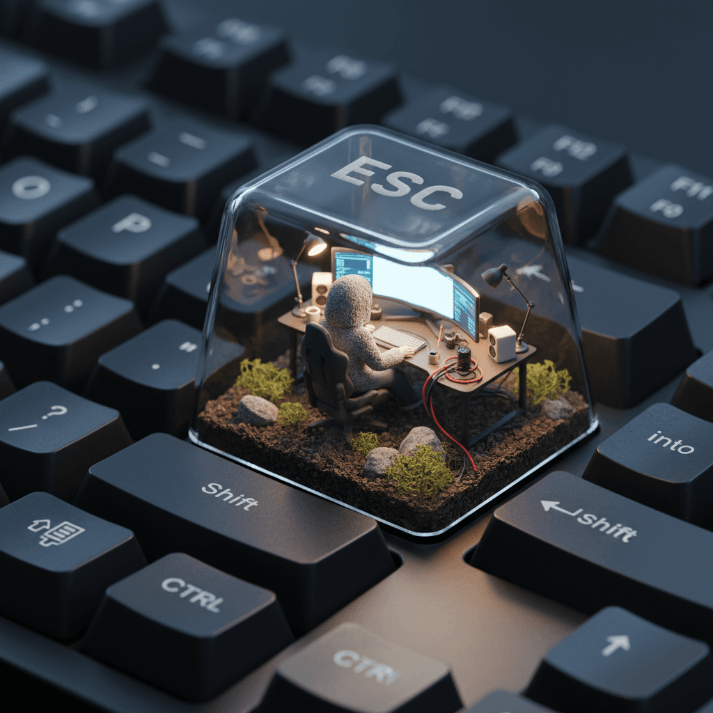 A hyper-realistic isometric 3D render of a miniature computer setup inside a translucent mechanical keyboard keycap, specifically placed on the ESC key of a real matte-finished mechanical keyboard. Inside the keycap, a tiny figure sits in a modern ergonomic chair, wearing a cozy textured hoodie, working at a glowing ultra-realistic computer screen. The environment is packed with lifelike miniature tech accessories: real-material desk lamps, monitors with reflections, tiny speaker grills, tangled cables, and ceramic mugs. The base of the scene is made of soil, rocks, and moss, with photorealistic textures and imperfections. The lighting inside the cap mimics natural morning sun, casting soft shadows and warm tones, while the outside has cold ambient reflections from the surrounding keyboard. The word “ESC” is subtly etched onto the top of the translucent keycap with a faint frosted glass effect — just barely visible depending on the angle. The surrounding keyboard keys like F1, Q, Shift, and CTRL are crisp, textured, and photorealistically lit. Shot as if taken with a high-end mobile phone camera, with shallow depth of field, perfect white balance, and cinematic detail.