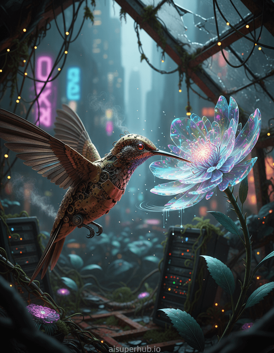 Create a hyper-realistic macro photograph depicting a clockwork hummingbird pollinating a holographic flower for the Editorial style portraits. A delicate clockwork hummingbird, brass and copper wings blurring, hovers. Its metallic beak touches an ethereal, shimmering holographic flower, glowing with complex fractal patterns. Ruby-red optical sensors focus intently on digital nectar. Details to include: glowing digital pollen scattering, microscopic steam from mechanisms, intricate filigree on body, subtle ripple where beak meets surface, reflections of glowing flower. Scene within a dilapidated, overgrown cyberpunk greenhouse. Bioluminescent vines with glowing circuits intertwine around broken glass and rust-streaked metal. Condensation distorts distant neon cityscapes. Ancient server racks half-buried by vibrant, alien foliage pulsing with electrical hum. Dramatic backlighting from the holographic flower casts an otherworldly glow, creating captivating highlights and deep shadows. Ambient light from bioluminescent flora provides cool, ethereal blue/green undertones, enhancing wonder and melancholic beauty. Deep brass/copper for hummingbird, iridescent blues/purples/greens for flower, contrasting with dark humid greens, rust-reds, and subtle neon pinks/blues from environment. An atmosphere of intricate mechanical wonder, delicate natural beauty, and a poignant blend of technology and overgrown wilderness. Macro photography, steampunk realism, cyberpunk aesthetic, volumetric lighting, photorealistic, intricate detail, bokeh background, award-winning editorial. At the bottom, a subtle overlay text reads 'aisuperhub.io'.