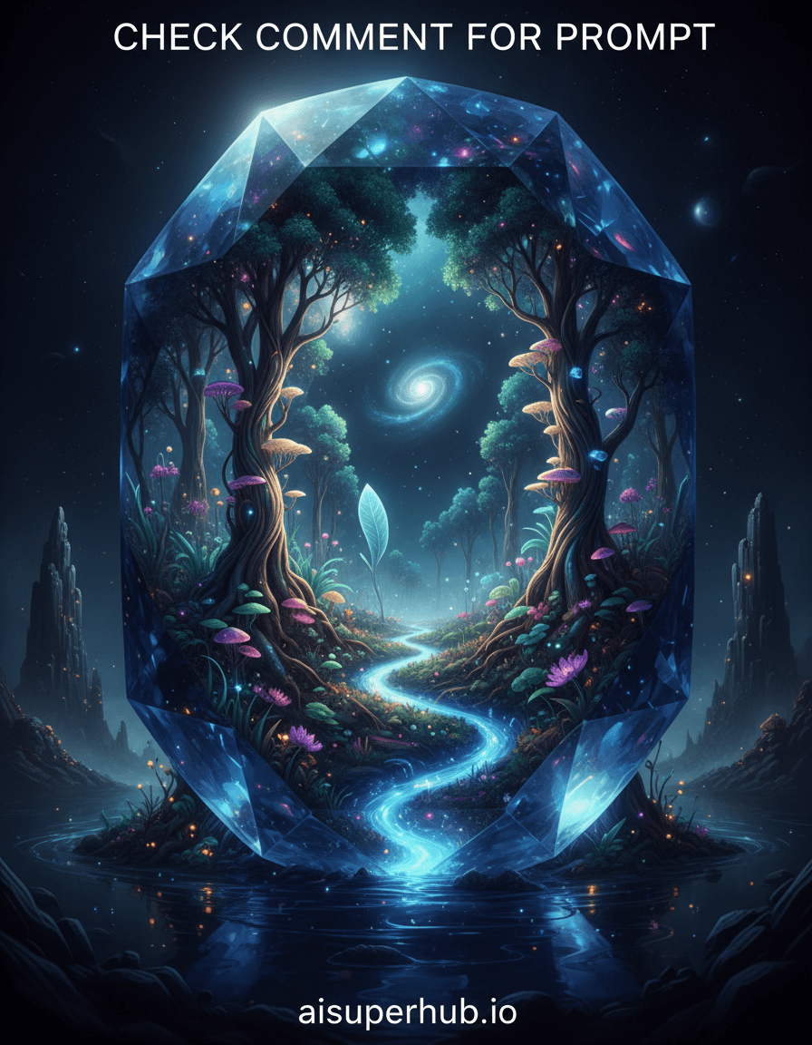 Create a hyper-realistic digital painting depicting a cosmic forest growing within a giant sapphire for the cinematic double-exposure portrait poster seamless blend, with overlay text at the top 'Check Comment for Prompt' and at the bottom 'aisuperhub.io'. A massive, impossibly translucent sapphire gemstone acts as a self-contained world. Within its multifaceted depths, a miniature, vibrant forest thrives, complete with glowing celestial flora and tiny, winding rivers of stardust. The forest canopy mirrors the gemstone's facets, creating an illusion of infinite, crystalline layers. Details to include: intricate bioluminescent fungi clinging to crystal tree trunks; miniature constellations shimmering within the sapphire's water features; a microscopic nebula swirling gently in the background; tiny, ethereal wisps of cosmic mist drifting between the trees; a faint, almost invisible, alien creature peeking from behind a luminous leaf. The sapphire itself is partially submerged in an otherworldly, liquid-like void, its surface reflecting distant, nebular light sources. The surrounding space is dark and infinite, emphasizing the precious, contained ecosystem within the gem. Hints of ancient, eroded, fantastical rock formations can be seen barely visible beyond the sapphire's immediate vicinity, suggesting an even larger, unseen world. Ethereal, soft internal glow emanating from the cosmic flora and water features, contrasting with deep, inky shadows that emphasize the sapphire's depth and contours. A gentle, diffused luminescence from unseen distant stars casts a subtle, silvery sheen on the gem's exterior, evoking a sense of tranquil mystery and wonder. Color palette: Deep sapphire blues, vibrant cosmic purples, glowing emeralds and teals, with delicate accents of shimmering gold, silver, and stardust white. Mood/atmosphere: Mystical, serene, breathtaking, and infinitely precious. Style summary: Hyper-detailed photorealism, epic fantasy art, cosmic surrealism, volumetric lighting, unreal engine 5, octane render, 8k, ultra-sharp focus, ethereal, transcendental, impossibly detailed, masterpiece.