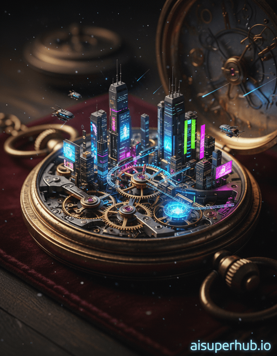 Create a hyper-realistic an extreme close-up, hyperrealistic macro photograph depicting a sprawling, futuristic cyberpunk city meticulously constructed within the intricate gears and polished casing of a colossal, antique pocket watch. The intricate brass mechanisms and jeweled bearings of the watch form the foundational architecture, with tiny neon-lit skyscrapers rising from the cogs and miniature monorails weaving along the minute and hour hands. Micro-scale airships navigate through the open spaces where the mainspring would typically reside, casting faint reflections on the highly polished inner surface of the watch case. Details to include: Microscopic data streams flowing like rivers of light across the watch face; Steam-punk inspired drones buzzing around illuminated cog-buildings; Tiny holographic advertisements flickering on the edge of a jeweled escapement; A miniature, glowing power core pulsating within the mainspring barrel; Grime and patina on the watch case subtly integrated into the city's darker alleyways. The pocket watch itself is depicted as lying on a velvet-lined, dark mahogany surface, its surface showing exquisite craftsmanship and subtle signs of age. Dust motes, magnified to appear like shooting stars within the scene, dance in the air above the bustling metropolis, hinting at the vastness of the scale outside the watch's confines. The surrounding area is softly blurred, keeping the focus entirely on the miniature city. Dramatic, high-contrast chiaroscuro lighting emphasizes the neon glow of the city against the deep shadows of the watch's interior, creating an atmosphere of vibrant, futuristic mystery. The light sources within the city are a mix of electric blues, magentas, and acid greens, providing a sense of energetic activity and hidden dangers. A rich palette of deep metallic golds, tarnished brass, polished silver, and intricate copper, punctuated by electric neons in blue, violet, and chartreuse. Dark, saturated blacks and grays provide depth and contrast. A mood of awe-inspiring, intricate complexity and a vibrant, yet melancholic, futuristic bustle. Hyperdetailed macro photography, cyberpunk aesthetics, steampunk influences, deep focus, photorealism, surreal scale, epic miniature. overlay text at the bottom add credits 'aisuperhub.io'