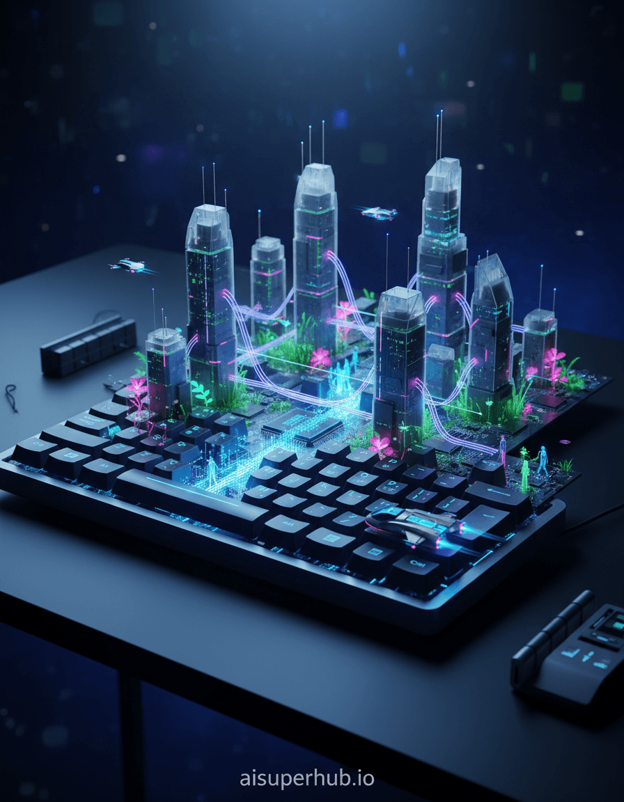 Create a hyper-realistic product advertisement still-life depicting a miniature ecosystem thriving within a single, deconstructed computer keyboard, transformed into a fantastical, glowing city for the Product Ad Prompt. The keycaps rise like futuristic skyscrapers, interconnected by intricate fiber optic cables that glow as bustling thoroughfares. Tiny, bioluminescent flora sprouts from the crevices between the individual keys, illuminated by the internal mechanisms of the keyboard itself, repurposed as a vibrant urban sprawl. Details to include: Tiny drones flying between key-towers; Reflective puddles on the circuit board 'roads' mirroring the glowing cityscape; A minuscule, stylized data stream flowing like a river through a processor chip valley; Microscopic inhabitants (e.g., stylized digital sprites) moving across the scene; A 'spacebar' key serving as a landing strip for a small, sleek hovercraft. The transformed keyboard rests on a sleek, minimalist, polished black desk surface, which fades into an infinite, soft-focus void of deep indigo and cybernetic blue. The background is intentionally blurred to draw all attention to the intricate, impossible world within the keyboard, creating a sense of profound depth and isolated wonder, like a digital metropolis floating in the cosmos. The scene is primarily lit by internal, dramatic bioluminescent glows emanating from within the keyboard's mechanisms and the flora, casting long, sharp shadows and creating a dynamic interplay of light and dark. A soft, ethereal ambient light, like distant starlight or moonlight, gently illuminates the top surfaces, imbuing the scene with a sense of awe, mystery, and technological wonder. A primary color palette of deep electric blues, glowing neon greens, vibrant fuchsia, and stark whites, contrasted with the dark greys and metallic silvers of the keyboard's original structure. The mood is one of breathtaking, intricate discovery, evoking a sense of miniature grandeur and futuristic serenity. Hyper-realistic digital art, macro photography, cinematic rendering, octane render, detailed textures, impossible scale, cyberpunk aesthetic, dreamlike quality, highly detailed, photorealistic. With an overlay text at the bottom center saying 'aisuperhub.io'.