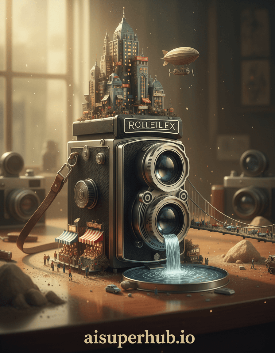 Create a hyper-realistic digital painting depicting a vintage camera transformed into a miniature city for the Lifestyle portraits. A majestic, antique camera, perhaps a Rolleiflex or a similar twin-lens reflex, is the foundation for an impossibly intricate metropolis. Its metallic body, lens barrels, and leatherette covering serve as architectural elements and roadways for a vibrant, tiny civilization. Details to include: Tiny LED lights glowing from miniature skyscrapers built on the camera's focus knob; Microscopic cars and pedestrians traversing the camera strap, which acts as a bridge; A waterfall cascading from the lens cap, feeding into a reflective pool on the camera's base; A bustling market scene unfolding on the leatherette grip, complete with minuscule awnings; A miniature airship resembling an old film canister hovering above the viewfinder. The camera-city rests on a polished wooden surface, perhaps a photographer's studio desk, with faint, blurred outlines of other photographic equipment in the background. Dust motes float in the air, catching the light, emphasizing the grand scale of the miniature world. A few scattered, giant-sized grains of sand look like boulders to the tiny inhabitants. Soft, golden hour lighting streams from a hidden window, casting long, dramatic shadows across the camera's miniature landscapes and creating a sense of wonder and warmth. The light highlights the metallic textures and the glow of the tiny city lights, evoking a magical, almost dreamlike quality. Rich sepia tones, deep metallic grays, warm amber glows from city lights, muted greens and blues for the 'natural' elements, contrasted with splashes of vibrant primary colors from the market. A whimsical yet awe-inspiring sense of discovery and bustling micro-life. Photorealistic, cinematic, miniature photography, trompe l'oeil, magical realism, steampunk influences. Add overlay text at the bottom: 'aisuperhub.io'