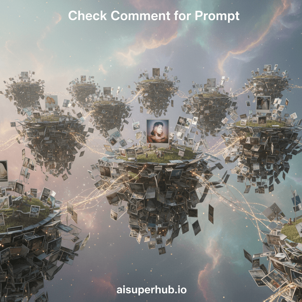 Create a hyper-realistic conceptual art photograph depicting memories manifesting as a vast archipelago of floating islands, each island meticulously constructed from countless fragmented and translucent conceptual photographs. Overlay text at the top: 'Check Comment for Prompt'. Overlay text at the bottom: 'aisuperhub.io'. These islands are not solid land but intricate, multi-layered collages, perpetually shifting and rearranging as if caught in a mental breeze. Some photographic fragments show blurred faces, others faded landscapes, abstract shapes, or forgotten moments, all contributing to the ethereal, dreamlike structure. Delicate tendrils of glowing light connect various islands, representing the synaptic pathways and associative links within the human mind. Details to include: Delicate, bioluminescent threads weaving between the photographic fragments, acting as intricate neural pathways. Faded sepia and monochrome photographic fragments forming the dense, layered base of the islands, with occasional flashes of muted color. Tiny, almost imperceptible figures or objects occasionally visible within the deepest photographic layers, hinting at past experiences. Motes of dust and light particles gently drifting through the 'air' between the islands, adding to the surreal atmosphere. A single, slightly more defined and vibrant conceptual photograph serving as a 'keystone' on one of the central islands, drawing the viewer's eye. The background is an infinite, cosmic void, not dark but filled with soft, shifting nebulae of pastel colors, suggesting the vastness of the subconscious mind. A faint, distant, milky glow emanates from an unseen source, gently illuminating the scene without harshness. There is no solid ground, only endless depth and floating fragments of memory. Soft, diffused, and almost ethereal lighting, as if originating from an internal, dreamlike source, bathes the scene. It casts subtle, long shadows, emphasizing the intricate depth and multi-layered nature of the islands. The emotional intent is introspective, nostalgic, and subtly melancholic, evoking a profound sense of wonder and the inherent fragility of memory. The dominant palette includes muted sepia, soft grays, and faded blues and greens from the photographic elements. Accents of luminous gold, rose, and lavender appear in the connecting threads and background nebulae. A deeply contemplative and surreal atmosphere, inviting profound introspection into the nature of memory and time. Surreal conceptual photography, digital art, dreamcore, highly detailed, ethereal, melancholic beauty, mixed media, hyper-realistic rendering of impossible concepts.