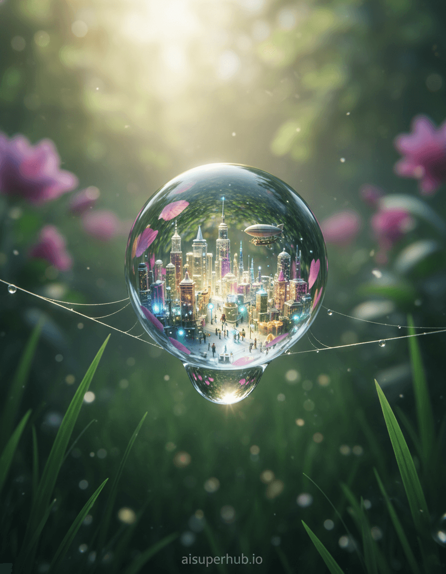 Create a hyper-realistic digital painting depicting a bustling miniature city encapsulated within a single, translucent dewdrop resting on a spider's silk for the Editorial style portraits. The dewdrop magnifies an intricate cityscape with tiny skyscrapers and minuscule citizens. Microscopic vehicles traverse crystalline streets, illuminated by ethereal light filtering through its curved surface. Details to include: Tiny, bioluminescent streetlights. A minuscule airship with intricate gears, soaring between dewdrop skyscrapers. Reflections of blurred flower petals on the dewdrop's surface. The intricate, almost invisible strands of spider silk supporting the dewdrop. A tiny figure peering from a dewdrop skyscraper window. The dewdrop rests precariously on a single, taut spider silk strand, stretched between two vibrant green grass blades. The lush, out-of-focus garden background features soft bokeh, distant flora, and gentle morning mist, creating a serene new dawn that highlights the immense scale contrast. Ethereal, soft lighting mimics early morning sunlight filtering through dense foliage, creating iridescent refractions within the dewdrop that cast a warm, hopeful glow on the miniature city. A sense of wonder and delicate beauty permeates the scene. A palette of cool blues, emerald greens, and soft golden yellows, with iridescent pastels within the dewdrop, contrasting with the vibrant greens and diffused natural tones of the background. The mood is quiet awe and delicate discovery, inviting contemplation of hidden worlds. Hyper-realistic macro photography, fantastical realism, intricate detailing, emphasis on light refraction, volumetric lighting, and extreme depth of field. Blending natural wonder and imaginative architecture. Add a subtle overlay text at the bottom center: 'aisuperhub.io'.