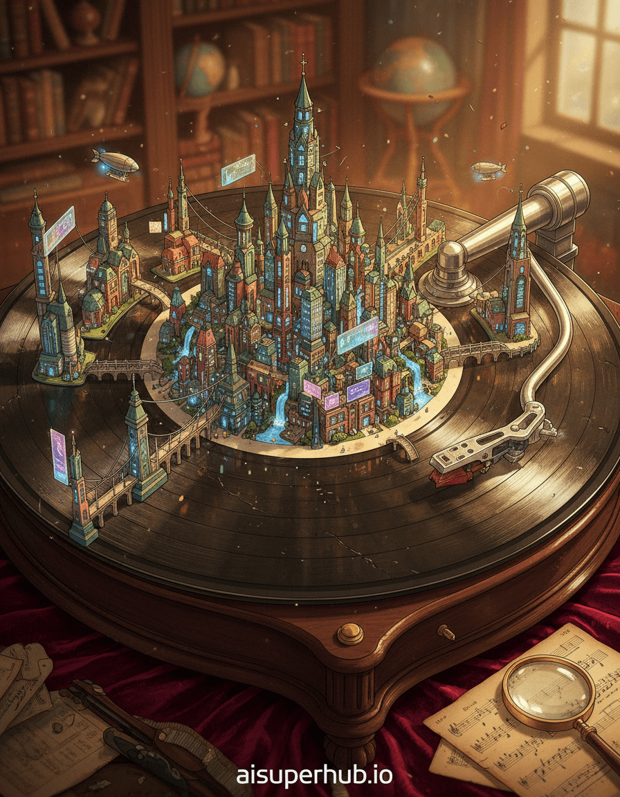 Create a hyper-realistic panoramic cityscape depicting a miniature metropolis built within the concentric grooves of an ancient vinyl record for the highly detailed, hand-drawn, technical-style illustration. A sprawling, intricate city meticulously constructed within the concentric grooves of a colossal, aged vinyl record, its surface textured with history. Tiny, illuminated buildings follow circular paths, reflecting diverse architectural styles, interconnected by delicate bridges spanning deeper track divisions. Details to include: microscopic power lines, tiny holographic advertisements projected onto the record, miniature airships navigating the 'sky,' a delicate needle-arm as a colossal bridge, and miniscule waterfalls cascading into deeper grooves. The colossal vinyl record rests on a velvet-draped, antique turntable, its polished wood gleaming. Dust motes dance above, emphasizing monumental scale. Oversized vintage music sheets and a magnifying glass lie scattered, hinting at an observer. The background blurs into a soft, warm classic study. Soft, ethereal golden hour lighting casts long, dramatic shadows across the miniature city, emphasizing textures and adding wonder. Strategic pinpricks of light from buildings create a constellation-like effect, suggesting a vibrant world, evoking awe and discovery. A rich, warm color palette: deep sepia and aged browns for the record, contrasted by vibrant jewel tones and metallic accents within the city. Subtle blues and purples hint at distant glow, imbued with golden hues. The mood is one of whimsical grandeur, delicate intricacy, and profound, melancholic wonder. Highly detailed, photorealistic, surrealism, baroque complexity, intricate technical drawing, miniature art, macro photography, fantastical realism. Overlay text 'aisuperhub.io' at the bottom center.