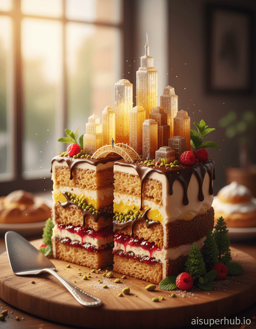 Create a hyper-realistic cinematic shot depicting a microscopic, edible cityscape meticulously carved within a single slice of multi-layered cake for the Food photography. The camera is ultra-close to a perfectly cut slice of a lavish cake, revealing an impossible miniature metropolis built entirely from its various components. Each layer of the cake – a vibrant sponge, creamy frosting, fruit compote, and chocolate ganache – forms a distinct architectural stratum, with tiny, intricate buildings and pathways carved directly into the edible topography. Details to include: Tiny, sugary crystalline skyscrapers emerging from a lemon curd layer. Rivers of molten chocolate ganache flowing between paths made of crushed pistachios. Microscopic marzipan citizens strolling on edible bridges made of spun sugar. A faint, edible glitter dust subtly catching the light like distant city lights. Miniature fruit forests (berries, mint leaves) growing on the 'outskirts' of the cake city. The slice of cake rests on an elegant, slightly rustic wooden cutting board, with a soft, out-of-focus background of a sophisticated bakery or a sun-drenched cafe interior. There are hints of other gourmet pastries blurred in the distance, suggesting a world of culinary delights. A delicate silver cake server lies subtly to the side, emphasizing the food photography context without distracting from the main subject. Soft, warm, and inviting natural light streams in from a high window, highlighting the textures and edible details of the cake city with an almost magical glow. The light should evoke wonder and meticulous craftsmanship, creating subtle shadows that give depth to the miniature structures. A gentle rim light should accentuate the moistness of the cake layers. Color palette specification: Rich and decadent, featuring deep chocolate browns, vibrant berry reds, creamy whites, golden yellows, and subtle greens, all enhanced by the warm lighting to appear luxurious and tantalizing. Mood/atmosphere in one sentence: A whimsical and enchanting sense of edible artistry, inspiring awe and a desire to explore this tiny, delicious world. Style summary with artistic descriptors: Macro photography, cinematic food styling, trompe l'oeil, hyperrealism, haute cuisine aesthetic, fantasy realism. overlay text 'aisuperhub.io'