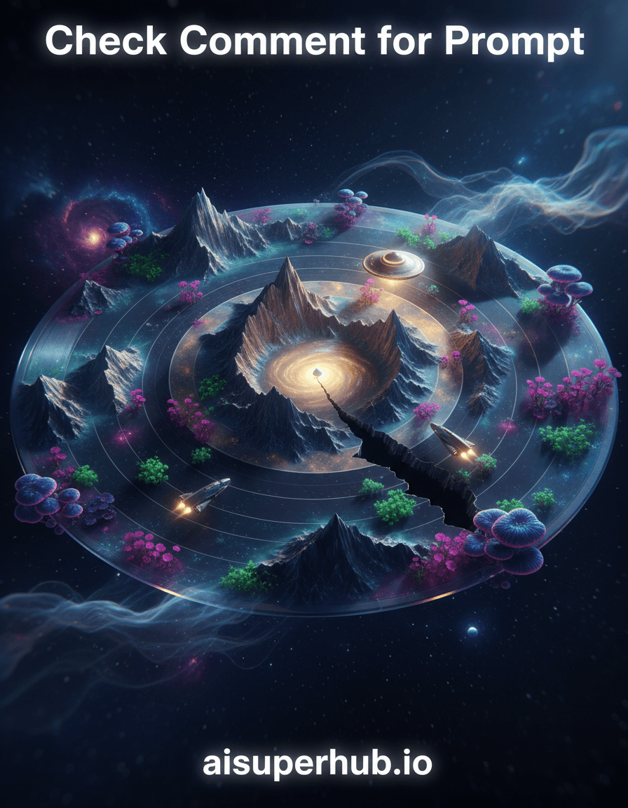 Create a hyper-realistic 3D render depicting a vintage vinyl record transformed into a vast cosmic landscape for the 3D holograms. The record's grooves transform into iridescent dust canyons and starlit mountain ranges. Tiny, glowing alien flora sprouts from concentric circles, navigated by miniature spacecraft in the valleys of forgotten melodies. Details to include: A luminescent saucer-like spacecraft over a "mountain peak" groove. Bioluminescent fungi on record "cliffs." Distant, swirling nebulae through transparent vinyl. A subtle "scratch" as a shadowed chasm. The central label warped into a galactic core. Display 'Check Comment for Prompt' at the top, and 'aisuperhub.io' at the bottom of the image. The vinyl record floats in a profound, dark cosmic void. Faint, distant stars and an ethereal gas cloud surround it. Blurred edges suggest infinite continuation. Ethereal bioluminescent glow from the landscape, with cool distant starlight, creating wonder and cosmic serenity. Deep indigos, rich purples, shimmering teals, soft glowing golds and silvers, phosphorescent green and pink accents. A majestic and otherworldly sense of cosmic tranquility and awe. Macro photography, photorealistic, surrealism, cosmic art, detailed digital painting, volumetric lighting, hyper-detailed, impossible landscapes, cinematic, 8K, high resolution.