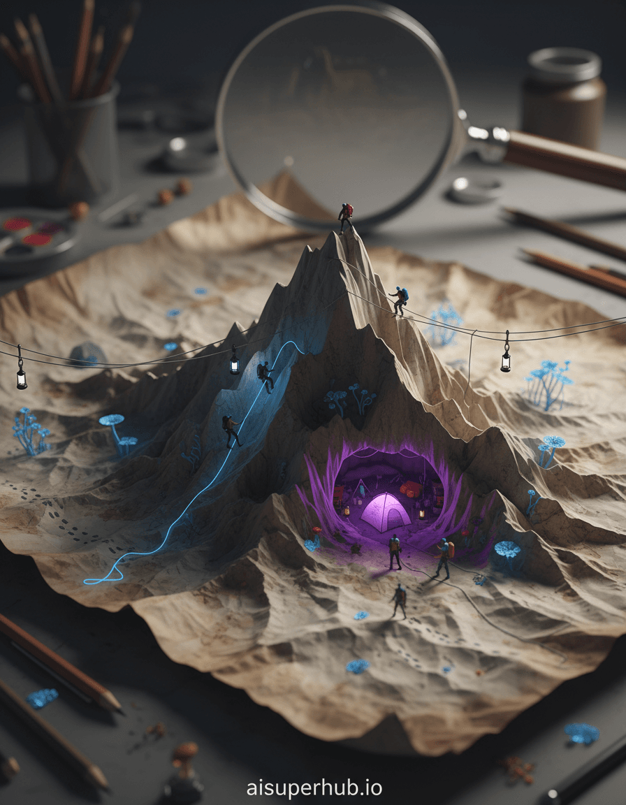 Create a hyper-realistic miniature diorama depicting a vast, alien landscape sculpted entirely from a giant, intricately crumpled piece of paper, being explored by miniature adventurers for the Outfit photoshoot. Tiny, ant-sized adventurers meticulously navigate the dramatic peaks and valleys, some rappelling down steep creases with glowing ropes, others setting up a miniature base camp within a deep, shadowed fold. The paper's fibers are visible, resembling ancient rock strata.Details to include: Glowing miniature camping gear (tents, lanterns, climbing ropes), tiny ziplines stretching across paper canyons, microscopic flora growing from the paper's texture, a magnifying glass lens subtly visible in the background hinting at the true scale, delicate, almost invisible footprints left by the adventurers.The landscape is set against a blurred, abstract background of a desk or studio surface, with subtle hints of drafting tools and art supplies, further emphasizing the manufactured nature of this 'world.' The paper itself shows varying degrees of wear and tear, from crisp edges to softened, well-traveled paths, adding to the illusion of a weathered, ancient land.Dramatic, low-angle lighting casts long, exaggerated shadows across the paper mountains, emphasizing their scale and ruggedness, creating a sense of awe and mystery. A soft, otherworldly glow emanates from within some of the deeper folds, hinting at hidden secrets and providing a magical touch.Muted earthy tones of aged paper, parchment, and subtle ink stains, contrasted with vibrant, glowing blues and purples from the adventurers' equipment and the internal light source create a striking visual. A mood of grand adventure, tiny exploration, and profound wonder permeates the scene. Hyper-realistic photography, macro, cinematic, whimsical fantasy, miniature art, trompe l'oeil, high detail, studio portraiture, depth of field, with an overlay text 'aisuperhub.io' at the bottom.