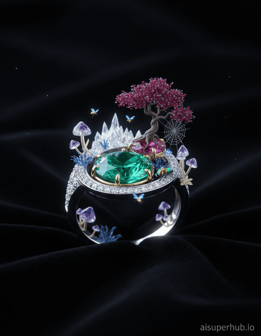 Create a hyper-realistic macro photography depicting a tiny, intricate ring transformed into a vibrant, fantastical miniature ecosystem for the Accessories shots. The ring's platinum band forms a winding path, its diamond facets sparkling like glacial peaks. Bioluminescent flora sprouts, hinting at unseen life. A perfect emerald at its center functions as a shimmering, deep forest lake. Details to include: Micro-fireflies with glowing antennae near the emerald lake. A miniature, gnarled tree growing from a ruby setting. Translucent crystal mushrooms clustered at the base. A gossamer spiderweb catching microscopic dew, with a minuscule iridescent beetle crawling the gold surface. The ring rests on velvety black fabric, its isolation emphasized. Background blurs into infinite void, making the tiny world the sole focus. Distant starlight subtly illuminates fabric edges, suggesting cosmic scale. Soft, ethereal, multidirectional lighting creates glints and deep shadows. Primary light from above emphasizes the emerald lake's depth; gentle backlight causes bioluminescent flora to glow, evoking wonder and delicate mystery. Rich emerald greens, sapphire blues, amethyst purples, and warm gold accents, contrasted with cool white bioluminescence and the stark black background. A mood of fantastical serenity and intricate discovery, inviting viewers into an impossible world. Hyper-realistic macro photography, miniature wonderland, dreamlike fantasy, exquisite detail, trompe l'oeil, fine art jewelry photography, impossible scale. Include an overlay text 'aisuperhub.io' discreetly at the bottom.