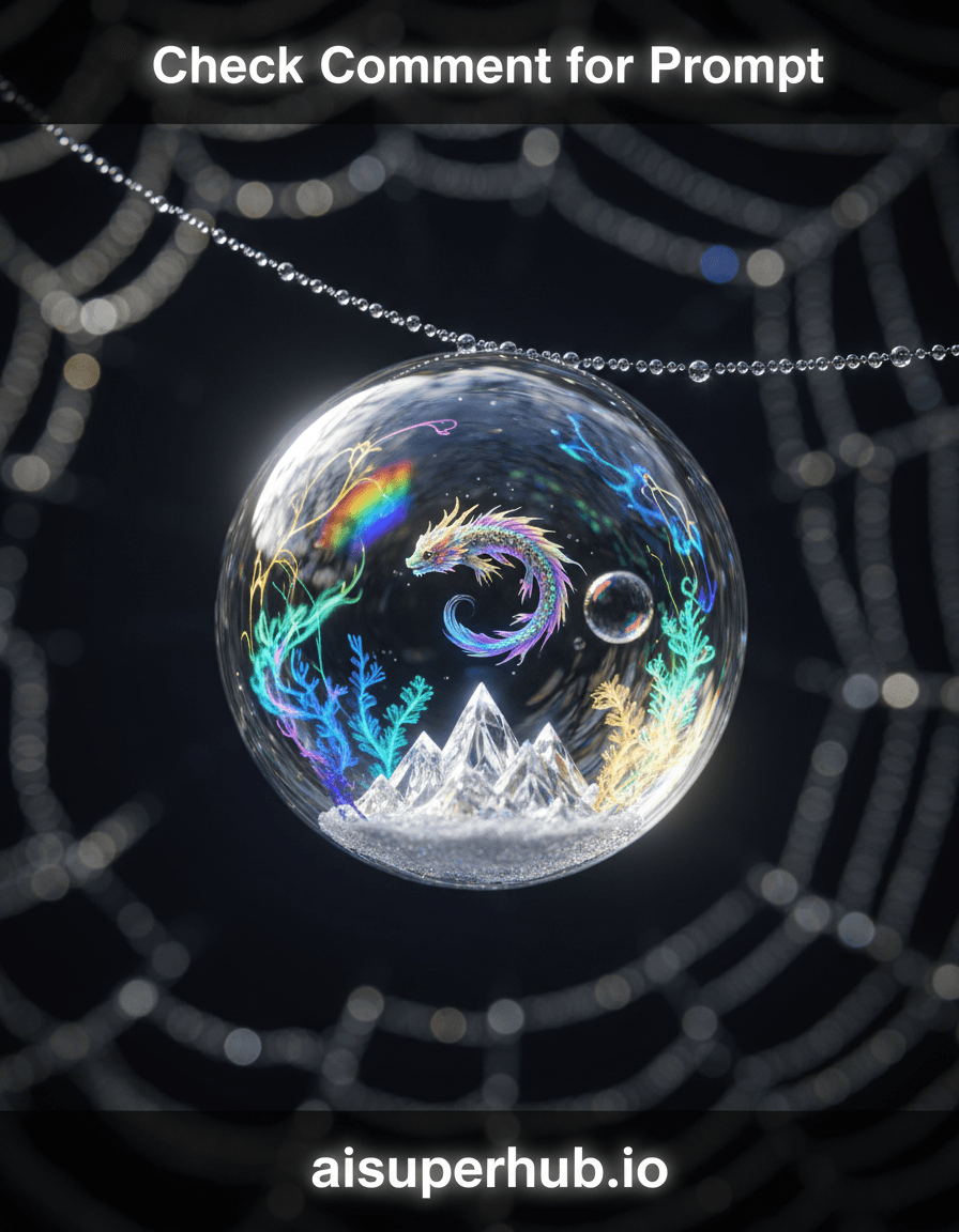 Create a hyper-realistic macro photograph depicting a miniature vibrant ecosystem contained within a single suspended raindrop for the Micro art. The raindrop, perfectly spherical, hangs delicately in mid-air, a translucent globe teeming with impossible life. Inside, tiny luminescent creatures navigate through swirling currents, past microscopic flora that pulsate with soft light, revealing complex interactions within its crystal walls. Details to include: A minuscule, iridescent dragonet gracefully navigating, glowing bioluminescent algae forming intricate patterns, a perfectly formed crystalline mountain range no bigger than a grain of sand, a trapped air bubble reflecting a rainbow, a single strand of silk suspending the drop. Overlay text 'Check Comment for Prompt' displayed at the top of the image and 'aisuperhub.io' as credits at the bottom. The background is an ultra-soft, out-of-focus bokeh of a dew-kissed spiderweb, shimmering gently with diffused light, creating an ethereal halo around the central subject. Beyond the web, a deep, velvety darkness suggests an endless void, emphasizing the isolated perfection of the miniature world. The lighting is dramatic and ethereal, with strong backlighting from an unseen, soft, glowing source that illuminates the raindrop from within, causing the internal ecosystem to emit a soft, phosphorescent glow. This creates a sense of wonder and enchantment, highlighting every intricate detail with a magical intensity. A rich palette of deep sapphire blues, vibrant emerald greens, shimmering golds, and touches of ethereal purples and pinks, all with a bioluminescent quality. A profound sense of awe and delicate wonder at the hidden complexities of nature. Hyper-detailed photorealism, volumetric lighting, extreme macro photography, fantastical realism, iridescent effects, microscopic art, digital painting.