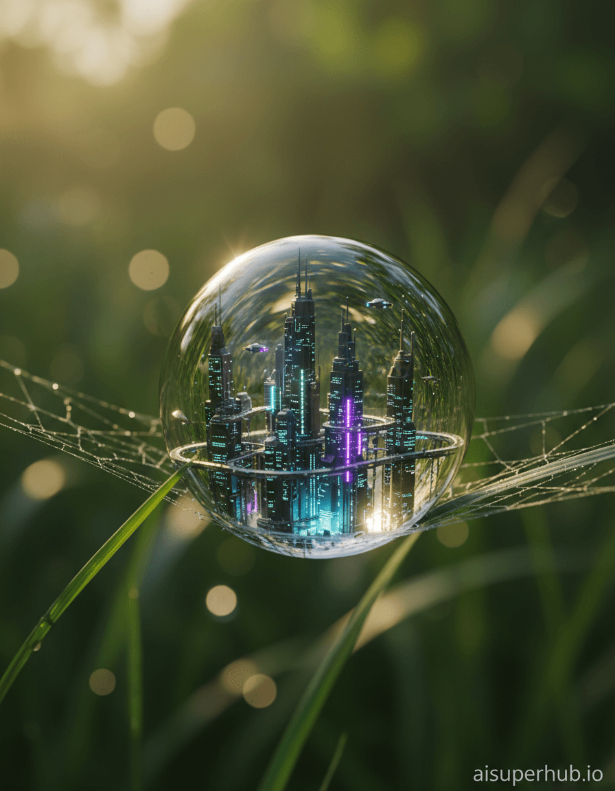 Create a hyper-realistic macro photograph depicting a vibrant, futuristic cityscape nestled within a single, shimmering dewdrop for the 3D holograms. A transparent dewdrop dome encases intricate skyscrapers of micro-components, crisscrossing walkways, and glowing pathways. Tiny airships, no larger than dust motes, navigate between the towering structures, their miniature lights blinking softly. Details to include: microscopic windows showing faint interior light, the delicate strands of the spiderweb supporting the dewdrop, reflections of blurred foliage on the dewdrop's surface, tiny specks of holographic traffic along transparent tubes. The dewdrop rests precariously on a barely visible, silken thread of a spiderweb, stretched taut between two blades of grass. The background is a deeply blurred, verdant tapestry of morning garden, rendered in soft bokeh, suggesting immense scale contrast. Soft, ethereal morning light filters through dense foliage, creating subtle dappled shadows and brilliant glints on the dewdrop. The light is predominantly golden and diffused, evoking tranquil wonder and delicate discovery. Cool blues, electric purples, and neon greens for city lights, contrasted with warm golden hues of the morning sun and deep, rich greens of the blurred natural background. A breathtaking sense of delicate magic, hidden complexity, and serene wonder. Hyper-realistic macro photography, sci-fi miniature, detailed render, bioluminescent, ethereal, cinematic, unreal engine 5, octane render, deep depth of field, overlay text 'aisuperhub.io'