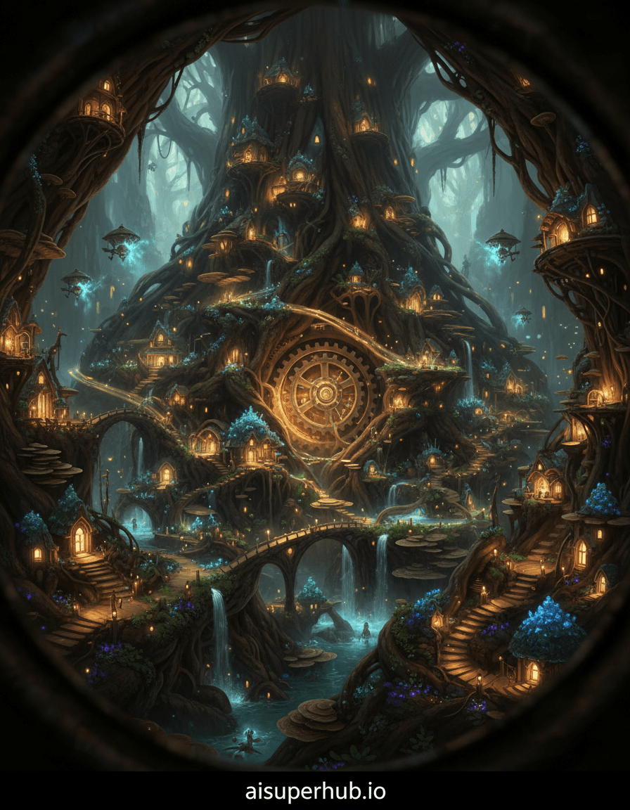 Create a hyper-realistic panoramic photograph depicting a breathtaking miniature civilization thriving within the hollowed-out trunk of an ancient, colossal redwood tree for the Product Ad Prompt. The central action reveals an intricate network of tiny, glowing structures resembling homes, bridges, and pathways, meticulously carved into the organic contours of the tree's interior. Miniature airships, like glowing insects, navigate between levels, suggesting a bustling daily life within this hidden world. Details to include: Tiny bioluminescent flora lining pathways, microscopic waterfalls flowing down mossy roots, translucent energy conduits connecting sections of the city, miniature figures visible through glowing windows, and a colossal, ancient wooden gear mechanism slowly turning as a central power source. The environment is the internal cavity of an impossibly large redwood, its immense wooden textures dominant, with gnarled roots and exposed fungal growths forming natural platforms. Distant sections of the trunk disappear into an ethereal, shadowy abyss, hinting at the tree's immeasurable depth and scale. The lighting is soft, magical, and ethereal, primarily sourced from the glowing city structures and swarms of luminous fireflies drifting like living stars. Pockets of warm, golden light contrast with cool, mysterious blues and greens from the deeper tree sections, evoking wonder, tranquility, and profound discovery. The color palette is dominated by deep forest greens, earthy browns, and rich ambers, punctuated by vibrant bioluminescent glows in sapphire, emerald, and warm gold. The mood is one of awe-inspiring fantasy and serene mystery, inviting viewers to get lost in a hidden, self-sufficient world. Cinematic macro photography, fantasy realism, intricate detail, epic scale, bioluminescent art, magical realism, high-resolution rendering, incredibly detailed, with an overlay text at the bottom 'aisuperhub.io'.