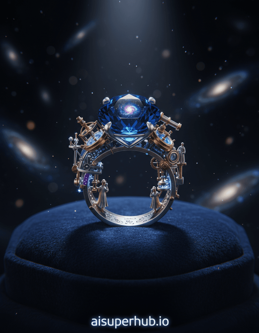 Create a hyper-realistic close-up photograph depicting a sapphire ring transformed into a miniature celestial observatory for the Accessories shots. A brilliant sapphire engagement ring on velvet, its central gem a powerful telescope. Intricate clockwork and polished brass instruments built into the band observe a cosmic spectacle within the sapphire. Details to include: Microscopic star charts etched inside the band. A glowing nebula reflected within the sapphire's facets. Tiny astronomers peering into the gem-telescope. Pulsating light from internal mechanisms simulating starlight. The ring rests on a deep indigo velvet cushion. Background: soft, out-of-focus bokeh of shimmering cosmic dust and distant, swirling galaxies, creating an ethereal, infinite backdrop complementing the ring's miniature universe. Dramatic, low-key lighting with a focused spotlight on the sapphire, emphasizing its luminescence and internal celestial elements. Deep shadows create mystery. Subtle cool blue/purple glows from the 'observatory' evoke profound awe. Light is magical, otherworldly. Color palette: Deep indigo, cosmic blues, celestial purples, shimmering silvers, polished brass, and stardust gold, against a velvety dark backdrop. An enchanting and awe-inspiring sense of miniature cosmic discovery and infinite wonder. Hyper-detailed macro photography, sci-fi fantasy art, baroque futurism, intricate clockpunk, celestial realism, dramatic chiaroscuro, high-resolution, octane render, 8K. Overlay text at bottom: 'aisuperhub.io'