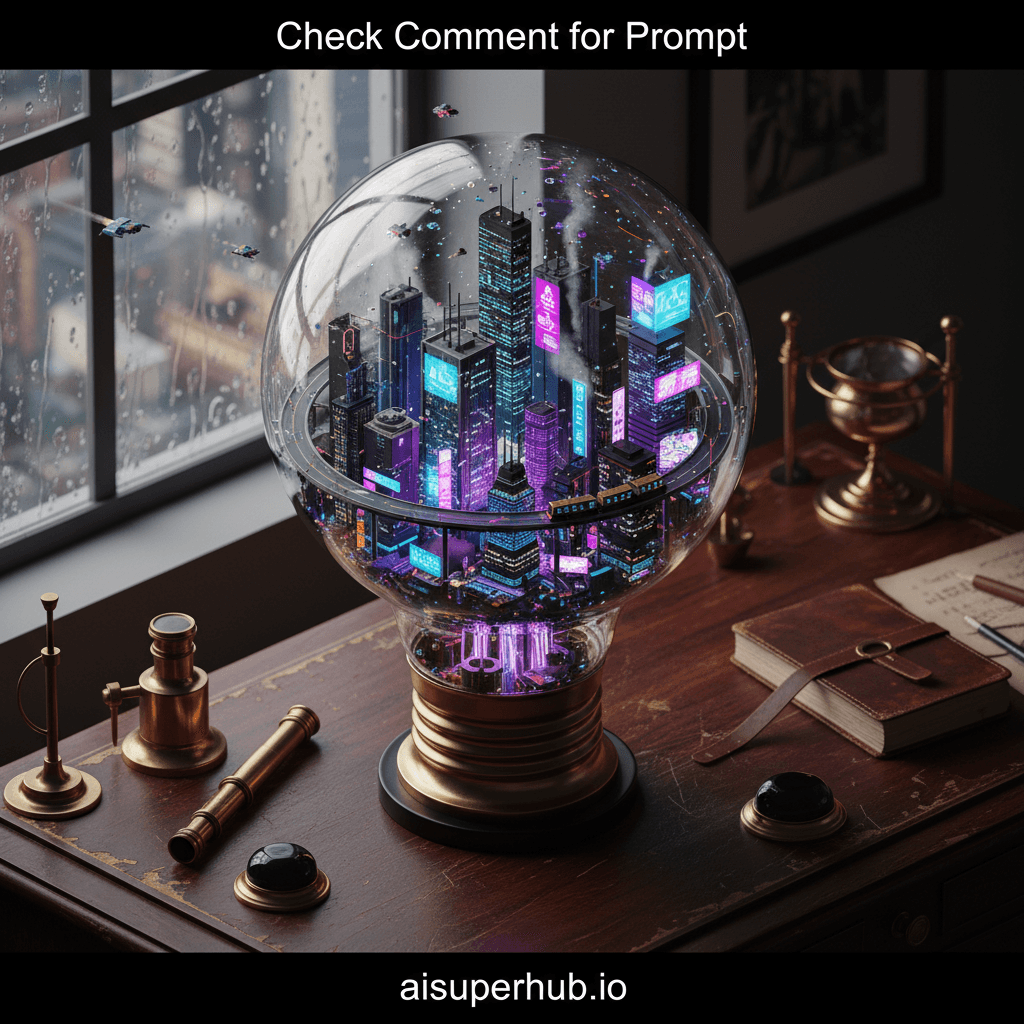 Create a hyper-realistic isometric 3D render depicting a bustling, miniature cyberpunk city contained within a vintage, ornate glass lightbulb. The image must include overlay text at the very top that reads 'Check Comment for Prompt' and overlay text at the very bottom that reads 'aisuperhub.io'. The transparent glass bulb, acting as a microscopic ecosystem, showcases towering neon-lit skyscrapers and intricate elevated highways. Tiny flying vehicles zip between the buildings, their exhaust trails barely visible, while a complex network of fiber optic cables glows beneath the glass, mimicking subterranean city life. Details to include: A miniature monorail system snaking around the interior filament, serving as the city's central artery. Tiny holographic advertisements flickering on the sides of the tallest "buildings," displaying cryptic symbols and future-tech products. Microscopic rain streaks clinging to the inner surface of the glass bulb, reflecting the city's neon glow. A subtle, almost imperceptible haze of atmospheric pollution trapped within the bulb, illuminated by the city lights. An ultra-fine layer of dust particles settling on the city's rooftops, adding to the sense of an ancient yet futuristic world. The lightbulb itself rests on a distressed, dark mahogany desk, amidst other antique scientific instruments like a brass telescope, a leather-bound journal with scientific scribbles, and a polished obsidian paperweight. The desk is positioned near a large, rain-streaked window overlooking a distant, blurred cityscape, creating a stark contrast between the external world and the contained microcosm. The surface of the desk shows subtle scratches and wear, implying years of study and discovery. The primary light source emanates from within the cyberpunk city itself, casting dynamic, multi-colored neon glows onto the inner glass. A soft, warm ambient light from an unseen desk lamp subtly illuminates the exterior of the bulb and the desk, creating a sense of intimate discovery and wonder. The overall lighting should evoke a feeling of awe and melancholic beauty, highlighting the contained chaos and technological marvel. Dominant neon purples, electric blues, deep teals, and vibrant fuchsias for the city lights, contrasted with muted, earthy tones of dark wood, brass, and aged paper for the desk environment. Occasional flashes of bright orange and yellow from tiny vehicle headlights. A captivating blend of technological marvel and nostalgic introspection, evoking a sense of discovery and the profound beauty of contained worlds. Ultra-detailed, photorealistic, isometric perspective, miniature photography aesthetic, cinematic rendering, volumetric lighting, slight depth of field.