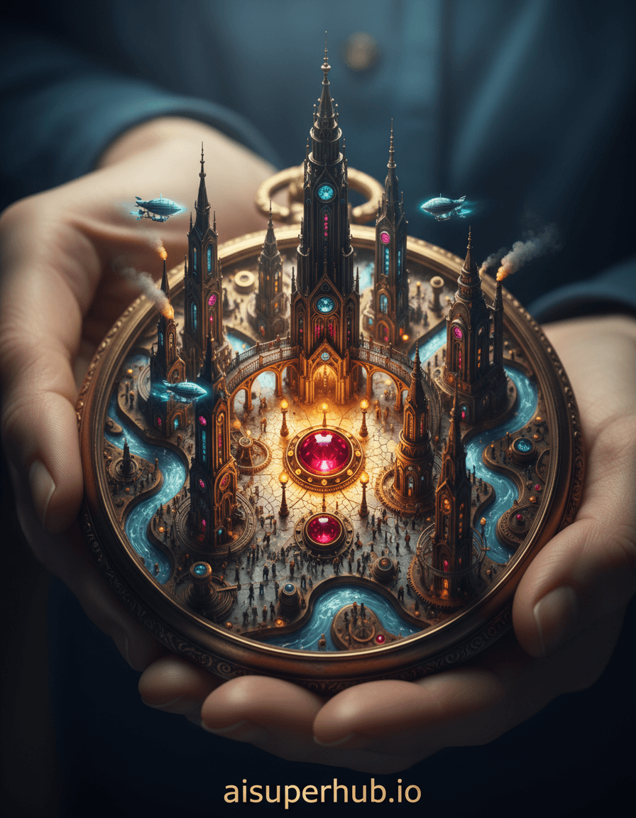 Create a hyper-realistic macro photograph depicting a bustling metropolis thriving inside an antique golden pocket watch for the Outfit photoshoot. Intricate gears and springs form skyscrapers and bridges of this miniature city. Tiny bioluminescent airships navigate between cogs, minuscule figures move across the polished watch face, a vibrant city square. Details to include: Illuminated clockwork components as architectural marvels. Faint "smoke" rising from tiny factories on watch jewels. Reflective watch case surfaces double as gleaming rivers. Microscopic street lamps casting warm glow on winding pathways. Overlay text at the bottom: 'aisuperhub.io'. The pocket watch held in weathered, elegant hands, hints at an age-old secret. Background: soft, deep velvet, subtly out of focus, focusing on the watch's inner world. Extreme shallow depth of field emphasizes the miniature ecosystem. Dramatic chiaroscuro lighting emanates from within, highlighting structures with warm golden glows, contrasted by deep, mysterious shadows. Diffused light from above illuminates hands, creating wonder and delicate observation. Rich jewel tones: brass, copper, emerald green, ruby red accents from watch jewels, contrasted by deep indigo and charcoal. Occasional cool blue splashes from tiny airship lights. Awe-inspiring and magical, invoking profound discovery and intricate life thriving in unexpected places. Microscopic realism, fantasy art, steampunk influences, cinematic composition, hyper-detailed, impossible scale, trompe l'oeil.