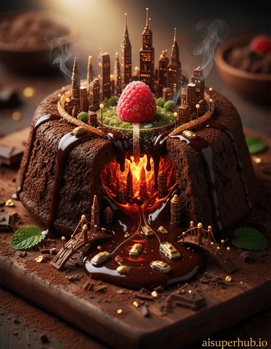 Create a hyper-realistic macro photograph for Food photography, depicting a decadent chocolate lava cake as a bustling, microscopic city, illuminated from within. A perfectly baked chocolate lava cake oozes rich, dark chocolate. Its molten flow reveals tiny glowing structures resembling futuristic skyscrapers and bustling streets, illuminated by the cake's internal warmth. Miniature caramel droplets traverse chocolate "rivers." Details to include: Glowing sugar crystal windows on chocolate buildings. Vanilla-scented steam vents from the crust. Edible gold leaf "streetlights" on caramelized sugar roads. A vibrant raspberry as a "central park." The cake rests on a rustic, dark wooden board, dusted with cocoa. A blurred background highlights the cake-city, with scattered chocolate shavings and mint accents. Dramatic, warm backlighting from within the cake creates a halo around the molten core. Soft, diffused overhead lighting highlights texture, casting gentle shadows. Intent: awe-inspiring, whimsical. Rich deep browns of dark chocolate, vibrant reddish-orange molten lava, golden caramel and edible gold accents, contrasted by green mint and deep red raspberry. Whimsical, magical, utterly captivating, blurring dessert and discovery. Hyper-realistic macro photography, surrealism, trompe l'oeil, fantasy art, digital painting, epic scale, food portraiture, cinematic quality. Overlay text: 'aisuperhub.io'