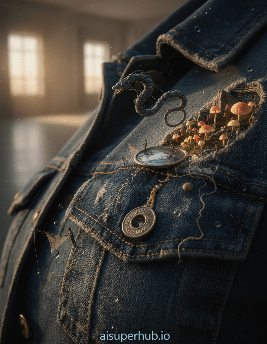 Create a hyper-realistic macro photograph depicting a vibrant, miniature ecosystem thriving within the intricate denim fibers of an abandoned, oversized jacket for the Outfit photoshoot. The jacket's rugged fabric is reimagined as a mountainous terrain, with loose threads forming winding rivers and pathways. Tiny, ethereal creatures, no larger than a thimble, navigate this fabric world, engaged in daily activities. Details to include: A miniature village of glowing mushroom-cap dwellings nestled within a frayed pocket; A 'denim dragon' (made of unraveling threads) soaring above a button-shaped lake; Tiny figures fishing with microscopic nets in a stitch-line river; Dew drops on individual fibers acting as magnifying lenses; A faint, stylized overlay text at the bottom: 'aisuperhub.io'. The background is softly blurred, hinting at a vast, ordinary room, emphasizing the extraordinary detail of the tiny world within the jacket. The jacket itself is a weathered indigo, its texture pronounced and tactile, creating deep valleys and high ridges from its folds and creases. Bathed in a soft, golden hour glow filtering through an unseen window, creating long, dramatic shadows and highlighting the intricate textures. The lighting evokes a sense of wonder, peace, and discovery. Dominantly deep indigo and worn blues, complemented by vibrant emerald greens, warm terracotta, and luminescent yellows for the miniature life, with hints of rusty oranges from aged metal buttons. A whimsical and serene mood, inviting the viewer to marvel at the hidden beauty in the mundane. Macro photography, hyperrealism, fantasy, highly detailed, cinematic, dreamlike, trompe l'oeil, mixed media texture, intricate.