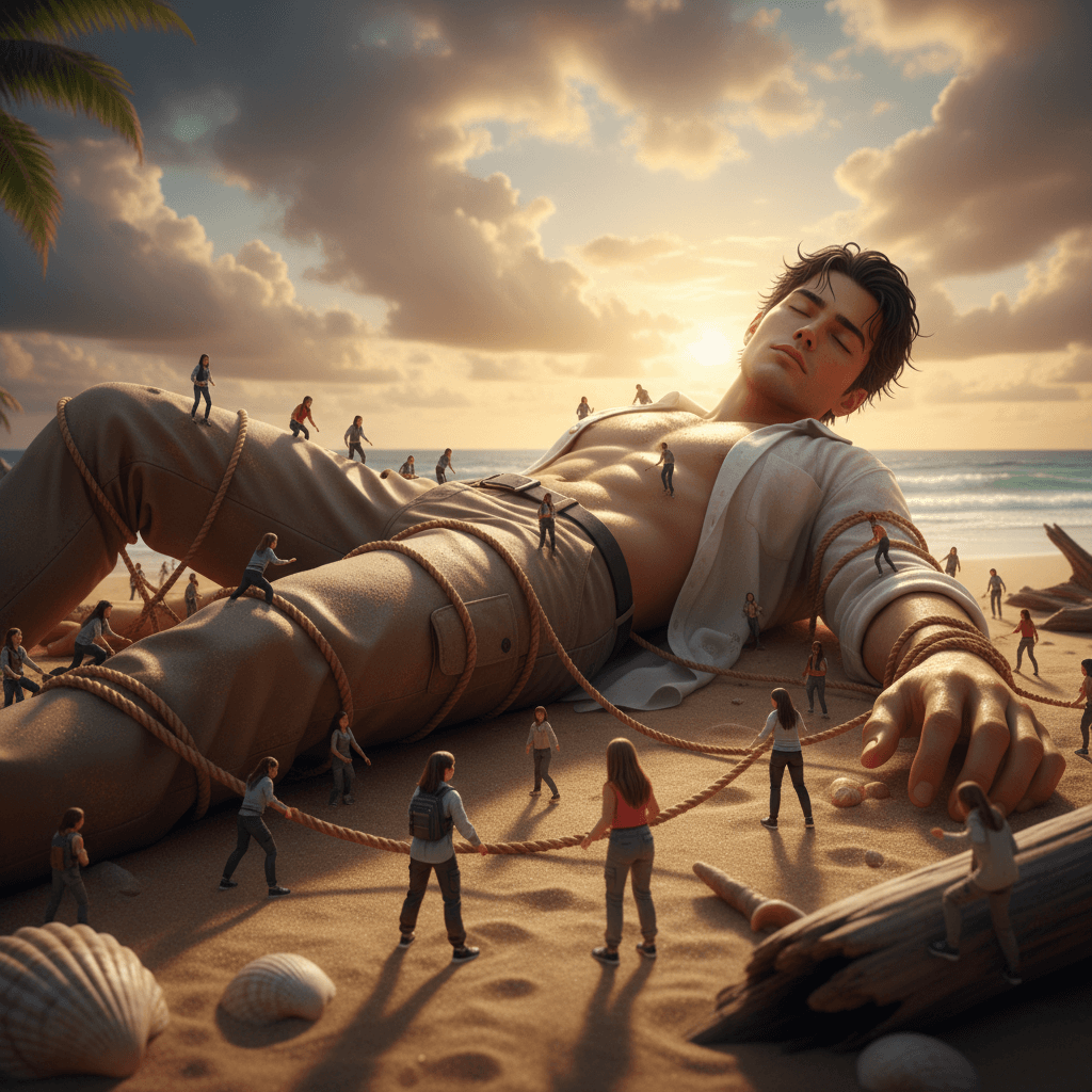 Use my image upload in Hyper-realistic cinematic fantasy scene from a low miniature POV. A handsome young man lies unconscious on a tropical beach, appearing giant-sized. Sun-kissed skin, strong masculine jaw, short messy black hair, wet sandy modern casual outfit (partially open linen shirt, rolled pants).
Tiny modern women (lilliputian, finger-height) in urban outfits (hoodies, cargo pants, utility vests, sneakers) tie thick ropes around his arms, chest, and legs. They work with awe and determination.
Golden sand with micro detail, giant-like shells, turquoise waves, dramatic cloudy sunset.
Epic golden-hour cinematic lighting with volumetric rays, soft rim light, realistic shadows.
Ultra-wide 18mm lens, shallow depth of field focusing on tiny women in foreground; giant body fading into distance; rope lines leading to his face.
Style: hyper-realistic fantasy, cinematic narrative, Hollywood concept art, Unreal Engine realism, extreme texture detail.
Negative: cartoon, chibi, low-res, blur, distorted anatomy, excessive violence, horror gore, unrealistic lighting, flat composition, bad proportions, oversaturation, medieval/fantasy armor