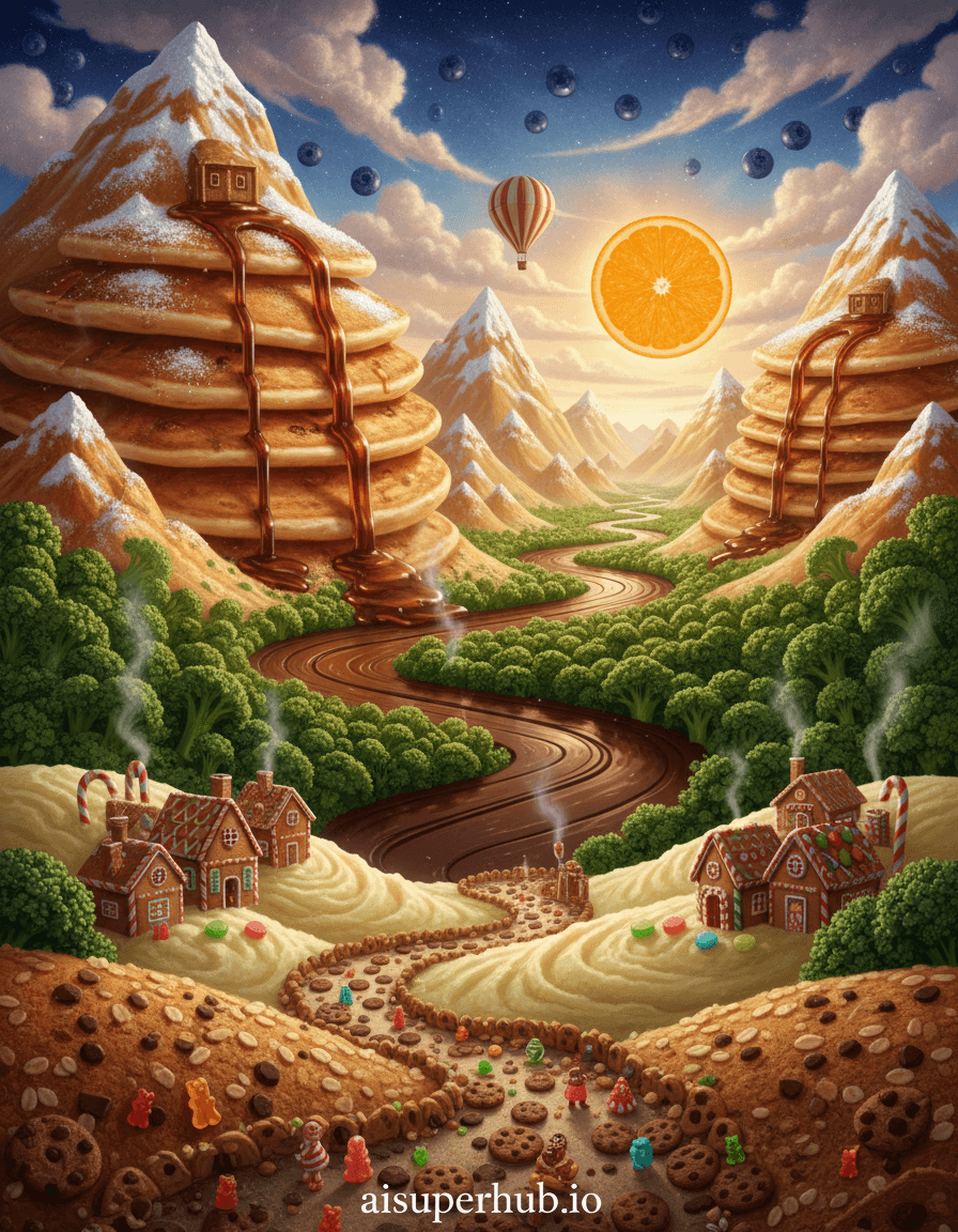 Create a hyper-realistic digital painting depicting a sprawling, epic landscape entirely sculpted from gourmet food items for the Food photography. A grand, impossible vista unfolds, showcasing towering mountain ranges constructed from perfectly stacked, golden-brown pancakes, their peaks dusted with powdered sugar snow. Syrupy waterfalls cascade down their sides into a winding river of molten dark chocolate that carves through lush, vibrant forests of broccoli and kale florets. In the foreground, a delicate path made of crushed cookies leads to a quaint village of gingerbread houses nestled amongst rolling hills of mashed potatoes. Details to include: Glistening syrup reflecting a tiny, edible sun made of an orange slice. Individual sugar crystals sparkling on the pancake 'snowcaps'. Tiny, intricately crafted candy people walking along the cookie path. Steam gently rising from the chocolate river in the cooler 'valleys'. A hot air balloon made from a striped candy wrapper floating above. An unobtrusive, elegant overlay text 'aisuperhub.io' positioned at the bottom of the image. The horizon is dominated by the majestic pancake mountains, their surfaces textured with the perfect char and fluff. Beyond them, a sky of wispy, ethereal spun sugar clouds floats, occasionally revealing patches of a deep blueberry jam sky. The ground below is a tapestry of various food textures – the smooth, creamy mashed potato hills, the crunchy, irregular cookie paths, and the vibrant, textured broccoli forests – all seamlessly integrated to form a believable natural world. Warm, golden hour lighting bathes the entire scene, casting long, dramatic shadows that highlight the edible textures and create a sense of awe and wonder. The soft, diffused glow from the spun sugar sky enhances the dreamlike quality, evoking feelings of nostalgia, comfort, and delightful fantasy. Color palette specification: Rich golds, warm browns, vibrant greens, deep chocolates, creamy whites, and soft blues, with occasional pops of bright fruit colors. A whimsical, fantastical, and utterly delicious dreamscape, inviting viewers to explore its edible wonders. Hyper-realistic, photorealistic fantasy art, detailed macro photography elements, trompe l'oeil, magical realism, epic landscape art, food styling.