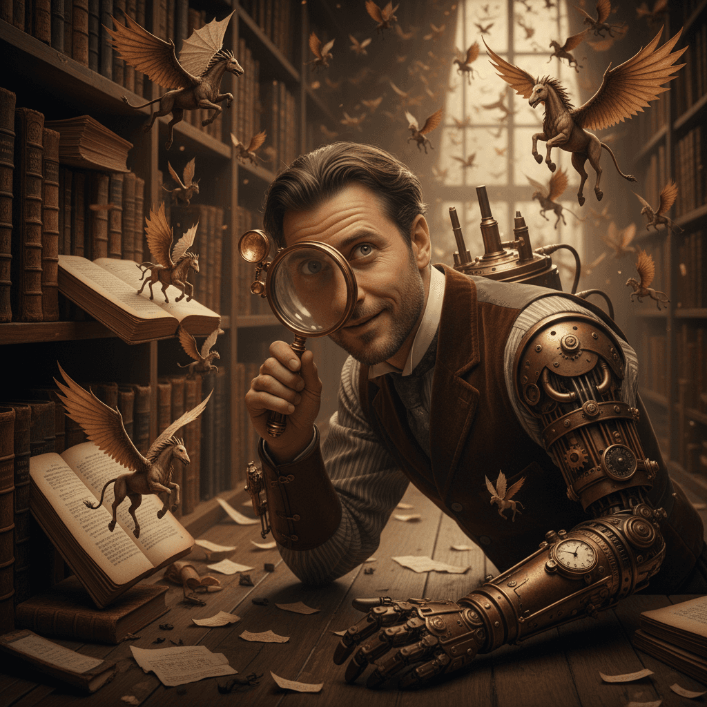 Imagine a Victorian-era library, but the books are alive. Each tome sprouts miniature, fantastical creatures – dragons, griffins, and tiny winged horses – that flutter and crawl across the shelves. A lone scholar, rendered in a steampunk aesthetic with intricate mechanical augmentations, observes the scene through a magnifying glass. The image is a close-up, focusing on the intricate details of the living books and the scholar's fascinated expression. Shot in the distinct, moody style of a cinematic film still, the scene is dramatically backlit by a hidden source, casting long shadows and highlighting the textures of aged paper and polished brass. Dominated by a warm, sepia-toned color palette, the image is hyperrealistic and 4k resolution.