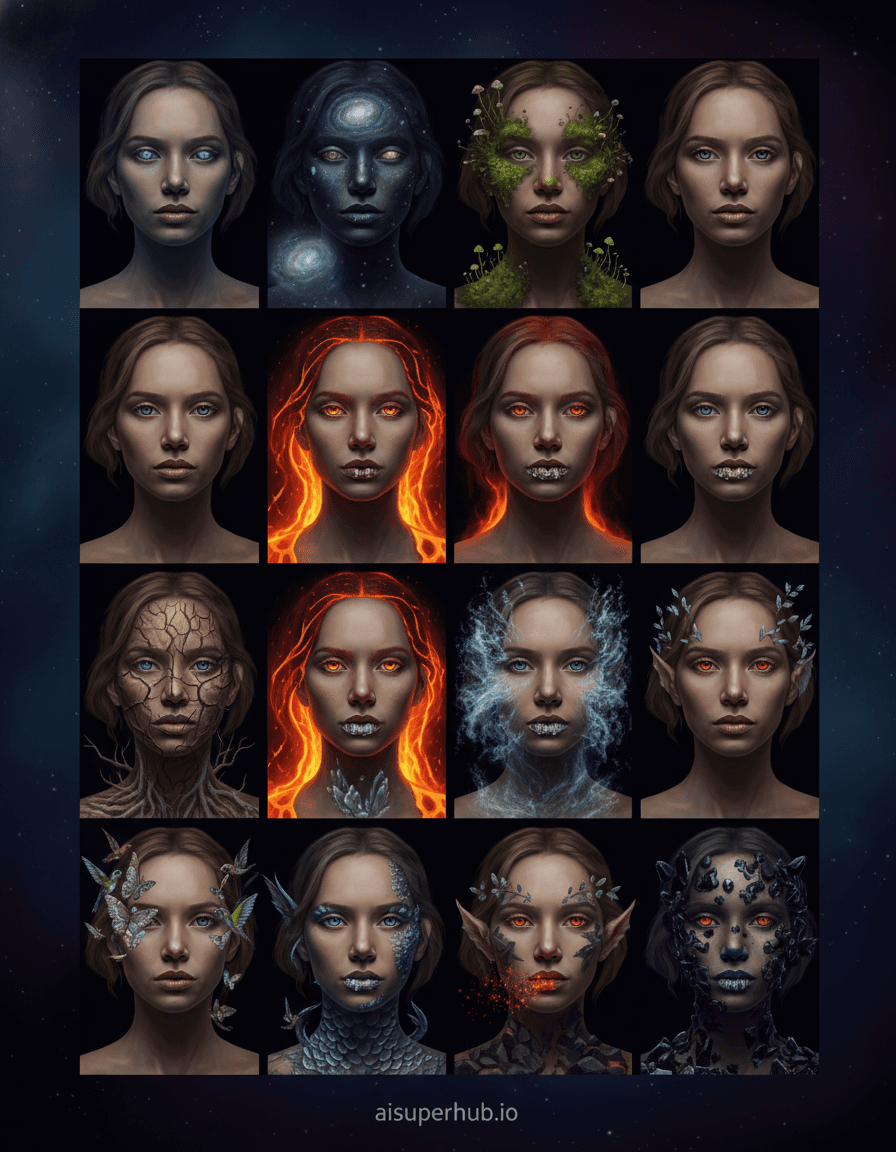 Create a hyper-realistic photorealistic digital painting depicting a dynamic collage of twelve individual portraits of the same enigmatic woman, each capturing a distinct, transient facial expression that subtly morphs her into a different natural element, for the collage of 12 photos of same woman each with a different natural element transformation. In the center, a striking woman's face dominates, multiplied twelve times in a grid-like collage. Each portrait captures her mid-expression, from serene contemplation to a fierce gaze, with delicate organic textures beginning to emerge on her skin. Her features, though consistent across the grid, are subtly altered in each frame, hinting at a deeper connection to the natural world. Details to include: One portrait shows her eyes mirroring a starlit galaxy, with nebulae swirling in her pupils. Another depicts intricate moss and tiny dew-kissed fungi growing on her cheekbones. A third reveals her hair transforming into flowing molten lava, still retaining its shape but glowing intensely. Subtle crystalline structures forming on her lips, catching the light like raw geodes. Small, delicate butterflies or hummingbirds emerging from the corner of her eyes in one frame. Each of the twelve individual photo frames within the collage has a minimalist, deep matte black background, allowing the dramatic transformation of the woman's face to be the sole focal point. The arrangement is a clean, modern grid, suggesting a scientific study or a high-fashion editorial spread. The entire collage is set against a vast, ethereal void, emphasizing the subject's isolation and profound connection to the elemental shifts. The lighting is dramatic and directional, employing chiaroscuro techniques to sculpt her features and highlight the emerging textures. Each portrait has a slightly varied light source, ranging from a soft, ethereal glow for the 'star' expression to a stark, intense backlight for the 'lava' transformation, evoking a sense of wonder, mystery, and a touch of the sublime. The overall mood conveyed is one of profound internal transformation and raw, elemental power. A rich and varied palette, transitioning from deep cosmic blues and purples to vibrant earthy greens and browns, fiery oranges and reds, and sparkling crystalline whites and silvers, all grounded by the woman's natural skin tones and dark, contrasting backgrounds. An atmosphere of captivating metamorphosis, ancient wisdom, and ethereal beauty pervades the entire composition. Photorealistic, hyper-detailed, surrealism, digital art, high fantasy, fine art photography, conceptual portraiture, octane render, intricate details, cinematic. overlay text: 'aisuperhub.io'