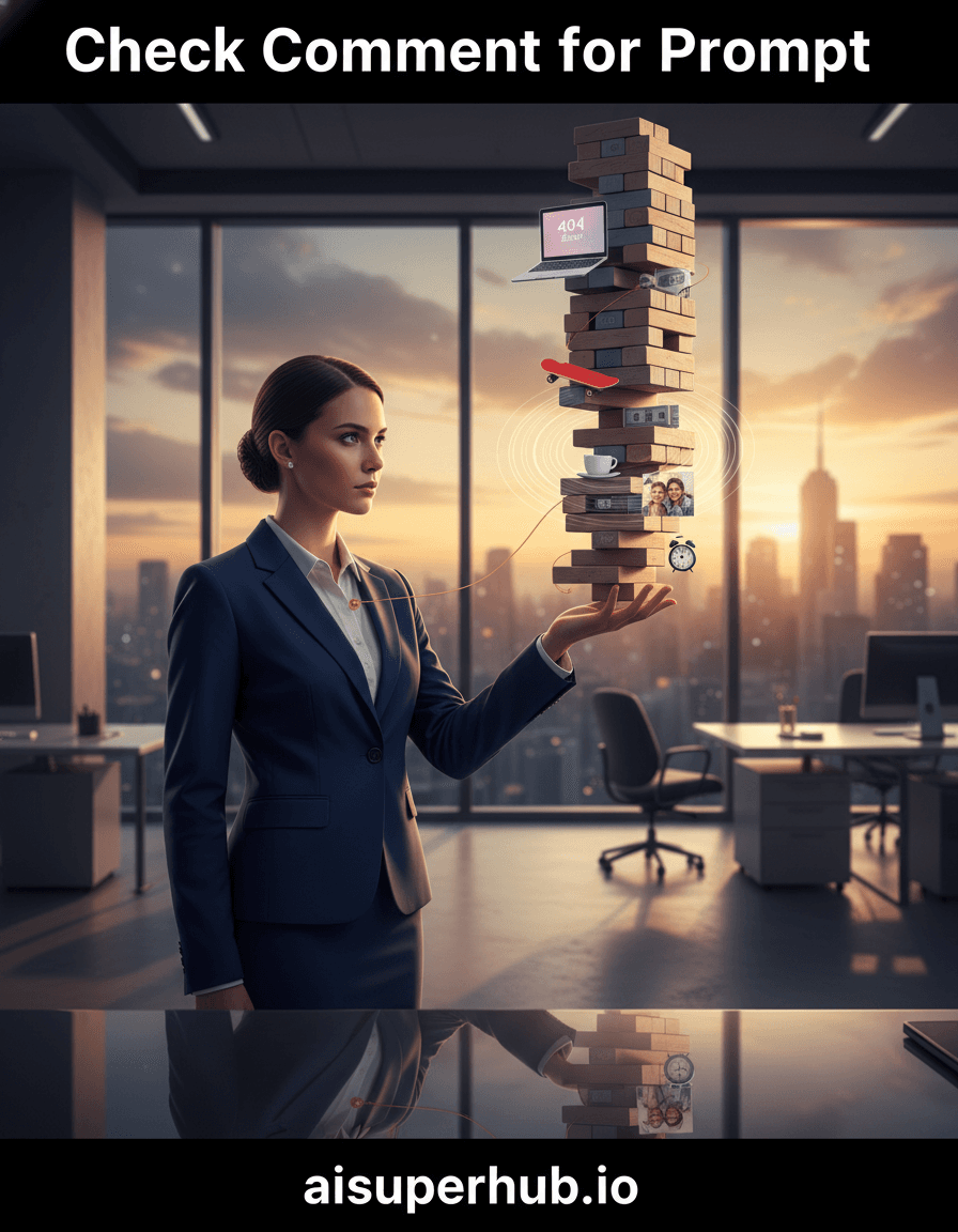 Create a hyper-realistic digital illustration depicting a 'Work-Life Jenga' for the Work life shots. A poised professional, dressed in a sharp business suit, stands in elegant defiance, serenely balancing an impossibly tall, intricate Jenga tower made entirely of personal and professional life components. Each block represents a facet of existence: a miniature glowing laptop, a framed family photo, a tiny hobby skateboard, a stack of bills, and a minuscule alarm clock, all interlocked in a precarious yet stable structure on their open palm. The central action highlights their focused gaze and the delicate tension in their hands, suggesting a mastery over chaos.
Details to include: A miniature, softly glowing '404 Error' screen on one of the tiny laptop blocks, hinting at subtle overwhelm. A delicate, golden thread visibly connecting a miniature family portrait block to the professional's chest, symbolizing emotional investment. A subtle, digital ripple effect emanating from a stacked coffee cup block. The professional's reflection in the polished desk surface showing a completely different, relaxed scene. Include an overlay text at the top of the image 'Check Comment for Prompt' and at the bottom add credits 'aisuperhub.io'.
The environment is a minimalist, ultra-modern office space. Large, floor-to-ceiling windows behind the professional offer a blurred, impressionistic view of a bustling city skyline during a golden hour sunset, providing a stark contrast between the internal focus and external world. The office itself is immaculate and sparsely decorated, emphasizing the central figure and their intricate balance.
Dramatic, warm golden hour lighting streams powerfully through the windows, casting long, soft shadows that stretch across the polished floor and highlight the delicate contours of the balanced Jenga tower. The light imbues the scene with a sense of hopeful resilience amidst quiet pressure, emphasizing the beauty in the struggle. The color palette features dominant deep blues and greys for the office environment, contrasted sharply with vibrant oranges, purples, and golds from the sunset, and pops of bright, meaningful colors within the balanced objects themselves. The mood is one of serene yet precarious balance, highlighting the intricate dance between professional ambition and personal fulfillment. Style: Photorealistic digital art, surrealism, mixed media, hyper-detailed, impossible perspective, dramatic chiaroscuro, Trompe l'oeil.