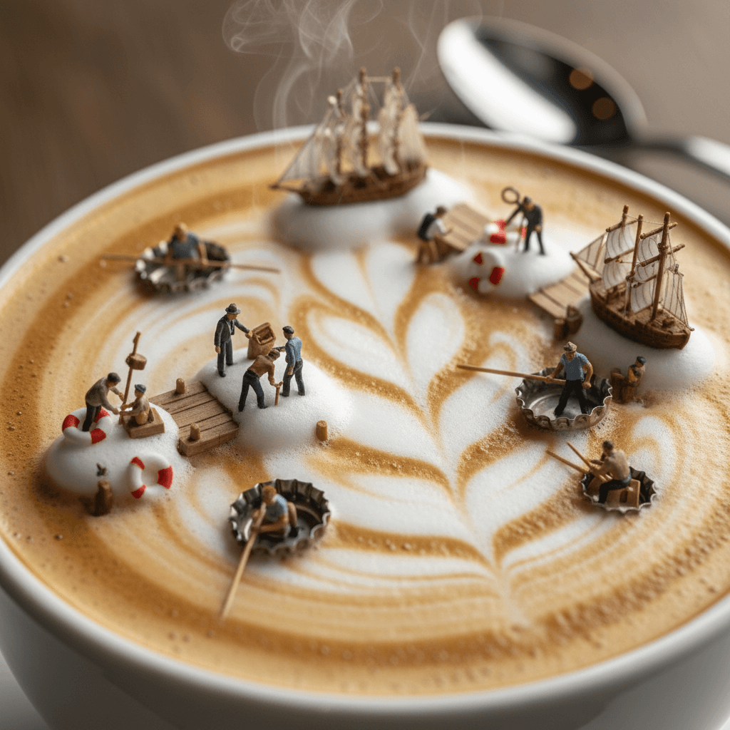 Create a hyper-realistic macro photograph depicting a whimsical maritime micro-world set atop a freshly poured cappuccino. At the heart of the scene, a team of miniature dockworkers and sailors busily constructs and repairs tiny foam ships as they drift across the cappuccino’s dense, velvety milk foam.
Details to include:
Workers navigating the foamy sea in improvised boats made from bottle caps
Latte art swirls artfully reshaped into functional docks and piers
Miniature lifebuoys crafted from sugar rings floating nearby
The environment should feature the cappuccino’s rich crema and intricate foam patterns as the primary landscape, with the towering rim of the coffee cup forming dramatic, harbor-like walls in the background. A spoon looms softly out of focus in the distance, reinforcing the scale.
Lighting should be warm and inviting—soft café ambient light with gentle reflections glinting off the coffee’s surface and steam catching subtle highlights to enhance depth and atmosphere.
The overall mood should blend cozy café intimacy with playful maritime fantasy, rendered in a cinematic tilt-shift style that emphasizes the illusion of a fully realized, miniature world, coffee, cappucino