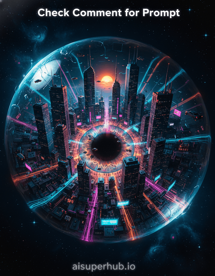 Create a hyper-realistic digital painting depicting a sprawling cyberpunk city nestled within a colossal, shimmering human eye for the Street style. The pupil forms a central plaza where neon-lit skyscrapers pierce through the vitreous humor, while the iris's complex patterns become winding streets and alleyways. Tiny hovercars and flying drones navigate between the towering structures, their lights reflecting in the eye's wet surface. Details to include: Overlay text 'Check Comment for Prompt' at the top of the image in a bold, futuristic font, glowing subtly. Overlay text 'aisuperhub.io' prominently displayed at the bottom of the image, integrated as a holographic advertisement. Microscopic city inhabitants going about their daily lives, visible through glowing windows. Fiber optic cables acting as glowing data rivers flowing across the intricate patterns of the iris. The reflection of a distant, dying sun shimmering on the tear film of the eye. The 'city within the eye' is positioned against a backdrop of deep, velvety cosmic darkness, speckled with distant, ethereal nebulae and a few shimmering, almost abstract stars. This vast, dark emptiness emphasizes the scale and isolation of the ocular metropolis, making it appear as a fragile, self-contained universe. Dramatic, high-contrast chiaroscuro lighting, with the city's vibrant neon glow casting sharp, long shadows across the eye's curved surface. The light should evoke a sense of futuristic wonder mixed with melancholic isolation. A primary palette of deep blues, purples, and rich emerald greens for the eye and cosmic background, sharply contrasted with electric pinks, vibrant cyans, and fiery oranges from the city's neon lights. The mood is awe-inspiring, dystopian, and profoundly contemplative, blending the organic with the synthetic. Photorealistic, cyberpunk art, macro photography, surrealism, digital rendering, highly detailed, octane render.