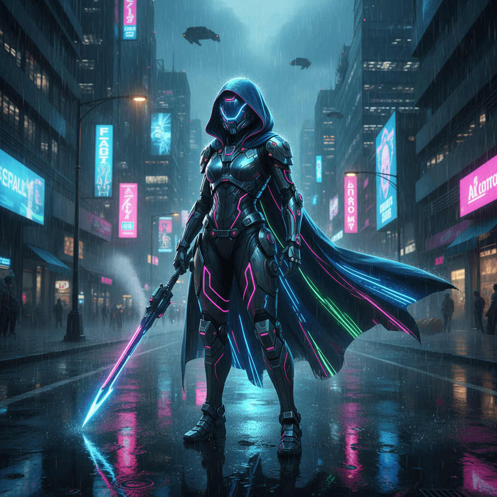 A futuristic female warrior in glowing neon armor, standing in a rainy cyberpunk city street, reflections on the ground, cinematic lighting.