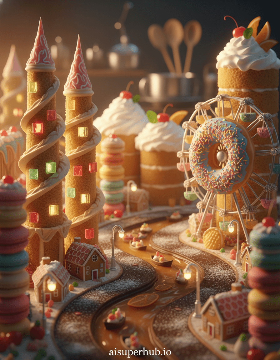Create a hyper-realistic architectural photography with a macro twist depicting The Grand Dessert Metropolis for the Food photography. This stunning scene unveils an intricate cityscape built entirely from delectable sweets and pastries. Towering structures of layered sponge cake rise majestically, their windows crafted from glistening hard candy, while roads paved with rich, dark chocolate meander between them, dusted with powdered sugar. Details to include: Candy streetlights with a soft, inviting glow illuminate the chocolate thoroughfares; miniature gingerbread houses nestle quaintly at the base of macaroon skyscrapers; a river of molten caramel flows gently through the city, dotted with tiny fruit boats; mountains of whipped cream capped with candied fruit gleam in the distance; and a large, glazed donut transforms into a whimsical ferris wheel, adorned with sprinkles. The environment should suggest a softly blurred, inviting culinary studio setup, with subtle bokeh effects that keep the focus entirely on the edible city, hinting at a larger kitchen world just beyond the frame. Golden hour lighting bathes the entire metropolis in a warm, ethereal glow, emphasizing every texture and edible detail, creating a magical and dreamlike quality that makes the viewer crave a taste. The color palette features rich pastels, deep chocolate browns, vibrant fruit reds and greens, creamy whites, and glistening sugary accents. The mood is whimsical, inviting, utterly delicious, and awe-inspiring. Style: Hyperrealism, macro food photography, trompe l'oeil, fantasy realism, cinematic culinary art, high dynamic range, intricate detail, studio lighting. Overlay text at the bottom: 'aisuperhub.io'.