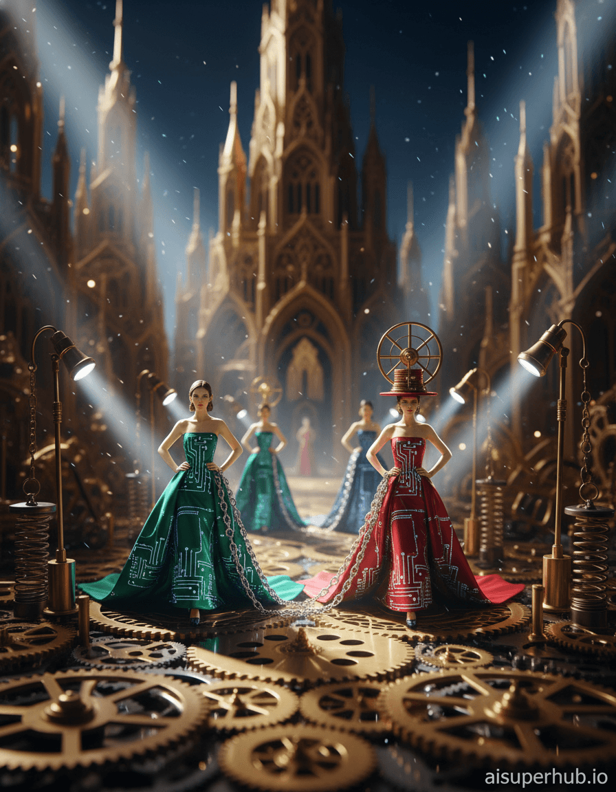 Create a hyper-realistic macro photograph depicting a high-fashion runway show for the Outfit photoshoot. A dramatic runway unfolds across a landscape of glistening brass watch gears, steel cogs, and delicate clock springs. Tiny, thimble-sized supermodels strut determinedly, their haute couture gowns sparkling, navigating the metallic terrain. Details to include: Gowns feature circuit board pattern micro-embroidery; one model's train cascades as miniature chain links; another wears a towering hat with a spinning balance wheel; microscopic spotlights cast dramatic shadows; the runway is a path of aligned escapement wheels. The background stretches into an infinite horizon of complex, interconnected clockwork mechanisms, resembling grand gear cathedrals. Distant structures catch light like miniature skyscrapers; drifting dust motes add surreal atmosphere. Cinematic lighting pierces metallic structures, creating sharp contrasts: highlights versus deep shadows. Powerful beams follow each model, evoking awe and intense focus, highlighting textures and expressions, fostering sophisticated grandeur. Color palette: Predominantly metallic tones of burnished brass, polished silver, deep bronze, with vibrant, jewel-toned couture (emerald, sapphire, ruby); warm gold and cool steel accents. Mood: Awe-inspiring, futuristic, and elegantly surreal. Style summary: Macro photography, cinematic, steampunk-inspired haute couture, highly detailed, fantastical realism, intricate, visionary, a masterwork of digital art. Add a subtle overlay text at the bottom right: 'aisuperhub.io'.