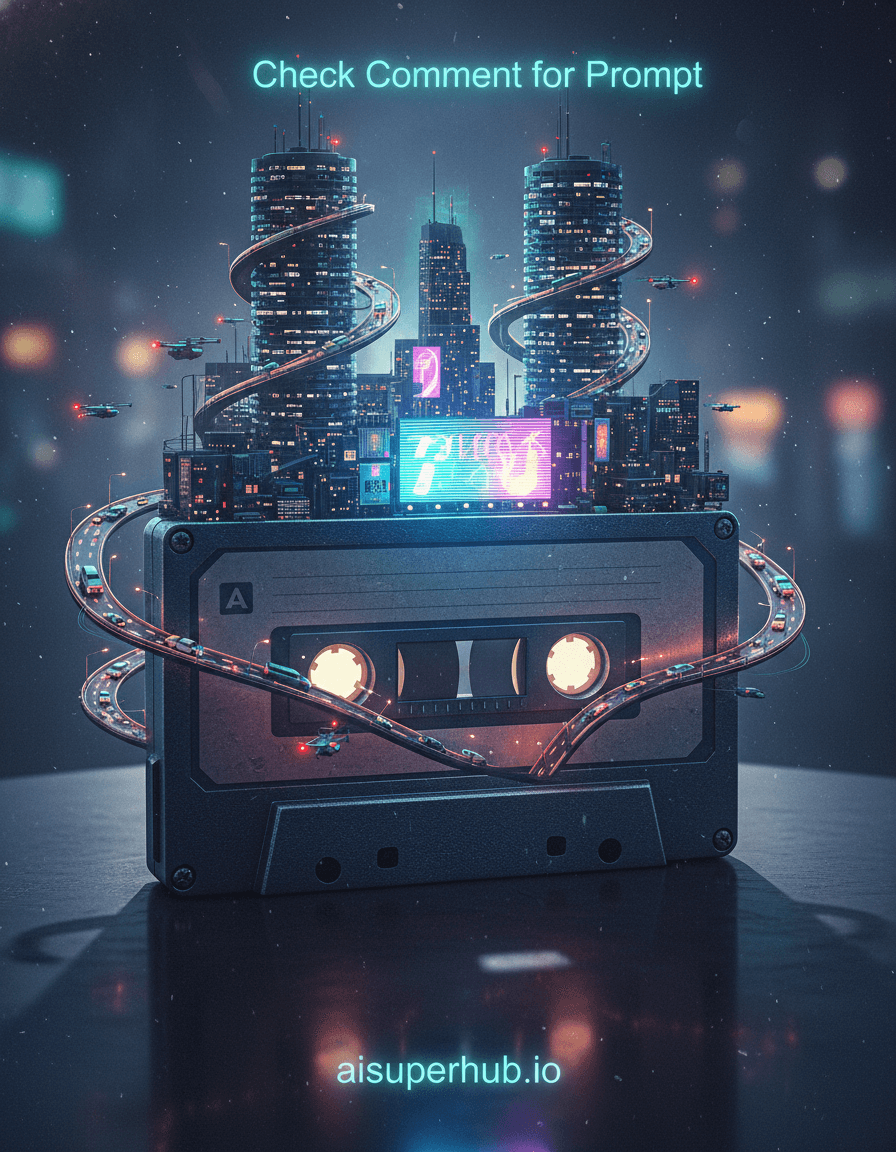 Create a hyper-realistic photorealistic digital painting depicting a retro-futuristic cityscape built within a vintage cassette tape for the Product Ad Prompt. At the top of the image, subtly integrated into the scene but clearly visible, is the overlay text 'Check Comment for Prompt'. At the bottom of the image, similarly integrated, are the credits 'aisuperhub.io'. The intricate city sprawls across the tape's spools, ribbons, and casing, each component transforming into towering skyscrapers, winding highways, and bustling districts. Tiny, luminous hover-cars zip along the magnetic tape highways, while miniature neon signs glow from the tape's label, now a colossal billboard. Details to include: Tiny, active holographic advertisements flickering on building facades, minuscule aerial drones patrolling the skies, a single, glowing 'PLAY' button transformed into a grand central plaza, fine dust motes illuminated by artificial light, and the subtle, textured grain of the plastic cassette shell. The cassette tape itself rests on a dark, polished surface, perhaps a sleek, minimalist table, with its shadow stretching dramatically across the background. The immediate surroundings are intentionally blurred, focusing all attention on the impossibly detailed cityscape within the tape. A sense of immense scale is conveyed through the juxtaposition of the tiny city and the familiar object. Dramatic, high-contrast neon lighting permeates the city, casting long, sharp shadows and vibrant reflections. The light sources are predominantly artificial, with a cool, cyberpunk blue and purple glow emanating from the city's core, punctuated by warm, orange streetlights, evoking a sense of bustling nocturnal energy and technological wonder. A sophisticated palette dominated by deep blues, purples, electric greens, and fiery oranges, with metallic silver and black accents for the cassette structure itself. An awe-inspiring and technologically advanced yet nostalgic and intimate atmosphere of a miniature, thriving metropolis. Hyperrealism, cyberpunk art, macro photography, digital painting, photorealistic rendering, intricate detail, bokeh background, highly detailed.
