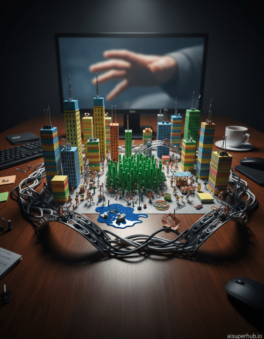 Create a hyper-realistic panoramic photograph depicting a miniature metropolis crafted entirely from office supplies for the Work life shots. This intricate scene showcases a vibrant, dynamic city at peak activity, where staples form skyscrapers, paperclips curve into bridges, and erasers become building blocks. Tiny, almost imperceptible figures (like stylized humanoids made from pencil shavings) navigate the bustling streets, engaging in various 'work' activities. Details to include: A towering skyscraper made from a stack of colorful sticky notes. A busy highway formed by intertwined charging cables, with miniature cars made from paperclip ends. A park area featuring a "forest" of green pens and a "pond" made from a spilled drop of blue ink. A bustling market scene where tiny figures barter over miniature office supplies (e.g., thumbtacks, rubber bands). A giant monitor screen in the background, showing a blurred, distant human hand. The entire miniature city is meticulously arranged on a vast, polished dark wood desk surface, which gleams under the artificial light. Scattered around the edges are blurred, larger-than-life elements of a typical office, such as a keyboard, mouse, and a half-empty coffee mug, subtly framing the intricate scene without distracting from it. The scene is illuminated by dramatic, high-contrast overhead studio lighting, simulating a bustling afternoon. Sharp, focused spotlights highlight key areas and cast long, exaggerated shadows, creating a sense of urgency and constant activity. The lighting evokes a feeling of structured chaos and industrious energy. A vibrant, yet professional, color palette dominated by office supply hues: blues, greens, yellows, reds from sticky notes and pens, contrasted with the metallic sheen of staples and paperclips, and the earthy tones of the desk. An incredibly detailed, whimsical, and energetic portrayal of the everyday grind, scaled down to an awe-inspiring miniature world. Hyper-realistic, macro photography, trompe l'oeil, detailed miniature, professional, dynamic, cinematic, art installation. add credits 'aisuperhub.io'