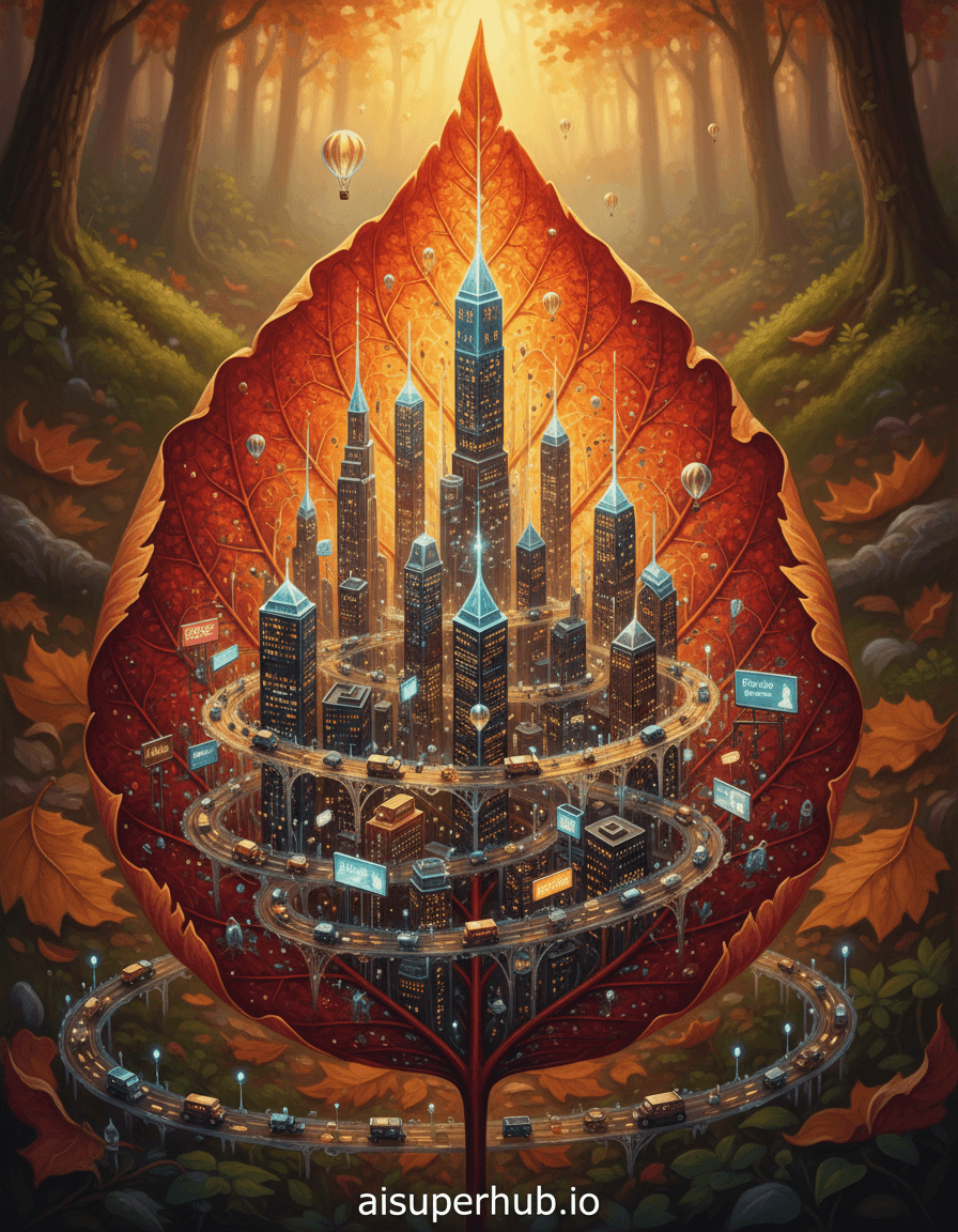 Create a hyper-realistic oil painting depicting a bustling metropolis built entirely within the intricate veins of a single autumn leaf for the Daily life moments. Tiny, luminous skyscrapers rise from the leaf's central midrib, their windows glowing with the warmth of miniature life. Microscopic vehicles, resembling bioluminescent insects, navigate the delicate network of secondary veins, which serve as winding highways. Details to include: intricate bridges connecting different vein-cities, miniature hot air balloons drifting above the leaf's surface, tiny illuminated billboards showcasing insect-themed advertisements, delicate dewdrop reflections amplifying the city lights, and tiny figures moving within the buildings. The leaf itself is a vibrant tapestry of deep crimson and goldenrod, its edges gently curled, suggesting it has just fallen from a tree. The background is a soft, out-of-focus blur of a sun-dappled forest floor, hints of other fallen leaves and moss providing a natural, organic contrast to the miniature urban sprawl. Warm, golden hour lighting bathes the entire scene, casting long, ethereal shadows and highlighting the translucent quality of the leaf. The light evokes a sense of wonder, discovery, and the quiet magic found in overlooked places. A rich, autumnal color palette dominates, with deep reds, burnt oranges, golden yellows, and touches of emerald green in the background, contrasting with the soft, glowing whites and blues of the city lights. The mood is enchanting and serene, inviting viewers to lean in closer and explore this hidden world. Hyperrealistic, photorealistic rendering with a touch of fantastical surrealism, intricate detail, high resolution, macro photography aesthetic, dreamlike quality, highly detailed. overlay text at the bottom add credits 'aisuperhub.io'