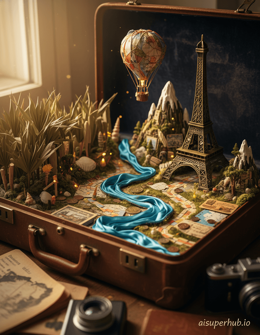 Create a hyper-realistic photo-illustration depicting a whimsical landscape sculpted entirely from collected travel souvenirs and memorabilia for the Travel memories. Imagine a miniature world where each object forms a part of the terrain, meticulously arranged to form a coherent, fantastical diorama. A winding river of iridescent blue silk ribbons representing countless journeys flows gracefully through a valley of stacked vintage postcards and crumpled maps. Details to include: A miniature Eiffel Tower figurine forming a majestic, craggy mountain peak; a lush 'forest' of dried palm leaves and tiny seashells; a winding road paved with foreign coins and colorful ticket stubs; a delicate hot air balloon crafted from a folded silk scarf, subtly hovering above the scene; and tiny, soft-glowing fireflies that are actually microscopic LED lights embedded within the landscape, adding a magical touch. The entire intricate diorama rests on the open, aged leather interior of a vintage suitcase, its dark velvet lining providing a rich, subtle reflection. Scattered around the edges, slightly out of focus, are old travel guides and a classic analog camera, hinting at the profound context of past adventures and cherished memories. Soft, ethereal golden hour lighting streams from an unseen window, casting long, nostalgic shadows that dance across the textured landscape, enhancing the depth and detail. The light should evoke a profound sense of warmth, wonder, and a bittersweet longing for distant places and experiences. The color palette is predominantly warm and earthy, featuring muted blues, greens, and browns from the various souvenirs, accented by vibrant, sun-faded pops of color from fabric remnants and postcard imagery. The mood is whimsical, deeply nostalgic, and a profoundly personal exploration of cherished journeys. This is a hyper-realistic photo-illustration, leveraging trompe l'oeil effects and mixed media art, presented with a macro photography aesthetic, dreamlike, sentimental, and meticulously detailed. overlay text 'aisuperhub.io'