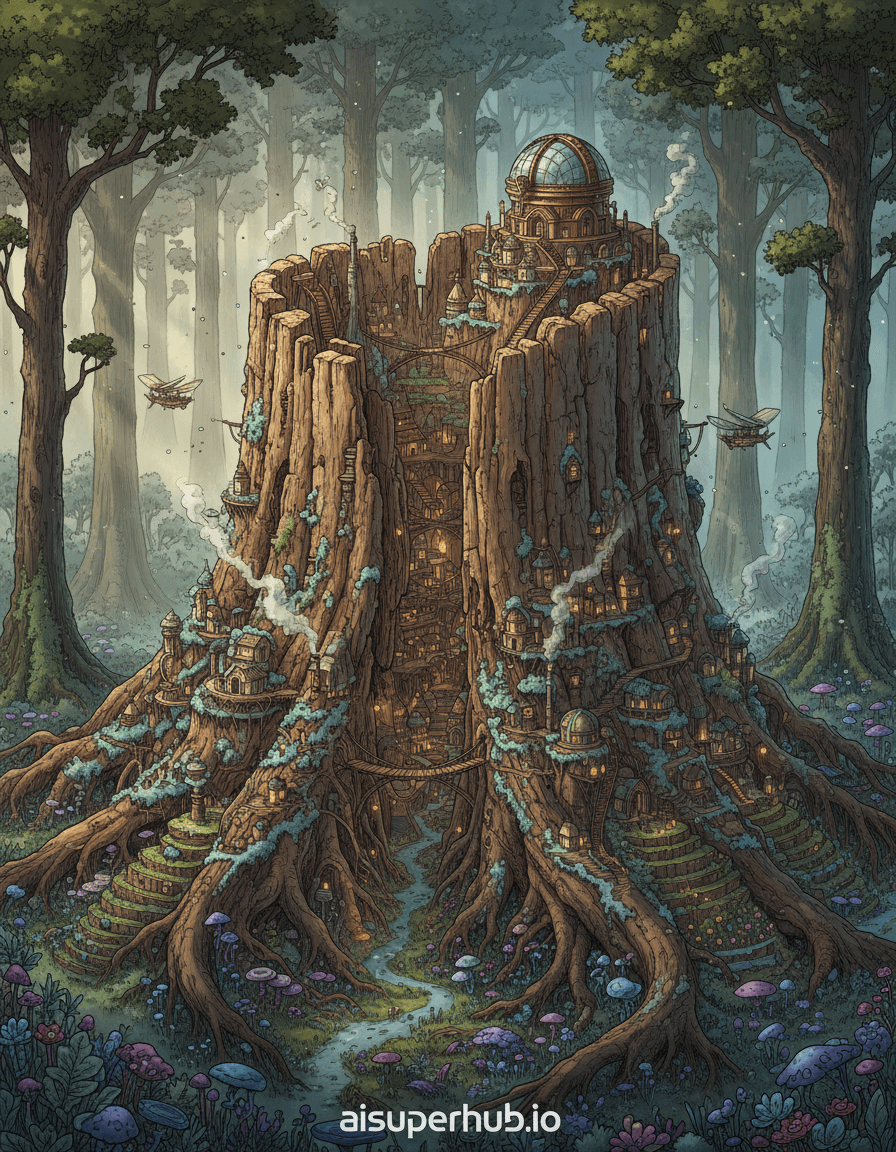 Create a hyper-realistic digital painting depicting an ancient civilization thriving within a colossal petrified tree stump, rendered with highly detailed, hand-drawn, technical-style illustration. Tiny, intricate cities carve into the gnarled bark and deep fissures of the massive, fossilized wood, with bridges spanning ancient rings and buildings nestled into natural contours. Smoke wisps from miniature chimneys, indicating daily life within this impossible, organic metropolis. Details to include: bioluminescent moss illuminating pathways, miniature airships navigating the stump's valleys, terraced farms clinging to petrified roots, and an ancient observatory atop a massive growth ring. The colossal petrified stump stands alone in a misty, ethereal forest, dwarfing ancient trees. Luminescent fungi and delicate, otherworldly flora carpet the ground. Faint sunlight pierces the dense canopy, highlighting dust motes in the humid air. Soft, dappled sunlight filters through a dense canopy, casting long, dramatic shadows emphasizing the civilization's depth. The warm, golden light evokes ancient wonder and tranquil endurance. Internal city lights glow with a gentle, inviting warmth. Palette: earthy browns, deep greens, petrified grays, warm amber city glows. Cool blues and purples from bioluminescent flora provide contrast. The atmosphere exudes serene majesty, profound antiquity, and impossible, harmonious coexistence. Masterpiece, epic fantasy art, highly detailed photorealism, volumetric lighting, intricate linework, concept art, matte painting, hyperdetailed, fantasycore, cinematic, 8K, with overlay text "aisuperhub.io" positioned at the bottom.