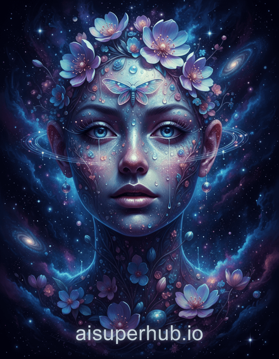 Create a hyper-realistic digital painting depicting a woman's face, meticulously composed of blooming bioluminescent flora and starlight, for the Creative portraits women. Her features are sculpted by phosphorescent petals and celestial dust; eyes are deep pools reflecting nebulae, lips soft, unfurling petals. Her gaze is serene and profound. Details to include: Tiny, fiber-optic tendrils as eyelashes; dewdrops of liquid light on floral cheekbones; a luminous tear tracing her cheek; subtle planetary rings orbiting her ears; a wispy, iridescent moth on her forehead. The background is a swirling cosmic ballet of indigo and violet nebulae, with distant, twinkling galaxies forming an ethereal halo. Dark, velvety space contrasts with exploding stardust, creating infinite depth. Her form seamlessly transitions into the void. Soft, internal bioluminescent lighting emanates from her features, casting gentle glows and shadows. This internal light, complemented by cool starlight, evokes ancient wisdom, tranquility, and wonder. A magical palette of luminous pastels – glowing blues, soft purples, ethereal greens, iridescent silvers – against a deep cosmic canvas of navy and midnight black. The mood is profound serenity, otherworldly beauty, and transcendent elegance. A fantastical blend of magical realism and cosmic impressionism, with intricate detail, photorealistic textures, and dreamlike qualities. Rendered with extreme precision. Overlay text: aisuperhub.io