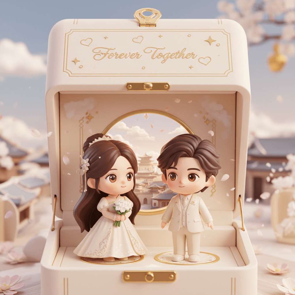 Create a finely crafted, adorably charming 3D-rendered collectible figure based on the subjects in the photo, displayed inside a pastel-toned, warm and romantic presentation box. The box is designed in a soft cream color with gentle gold accents, resembling an elegant portable jewelry case.
When opened, the box reveals a heartwarming romantic scene: two chibi-style characters gazing sweetly at each other. The lid is engraved with the words “FOREVER TOGETHER,” surrounded by delicate star and heart motifs.
Inside the box stands the female from the photo, holding a small bouquet of white flowers. Beside her is her partner, the male from the photo. Both characters have large, expressive, sparkling eyes and soft, warm smiles that radiate affection and charm.
Behind them is a round window, through which a sunny skyline of a traditional Chinese town can be seen, along with gently drifting clouds. The interior is softly lit with warm ambient lighting, and petals float in the background to enhance the atmosphere.
The overall color scheme of both the display box and the characters is elegant and harmonious, creating a luxurious and dreamlike miniature keepsake.
Aspect ratio: 9:16