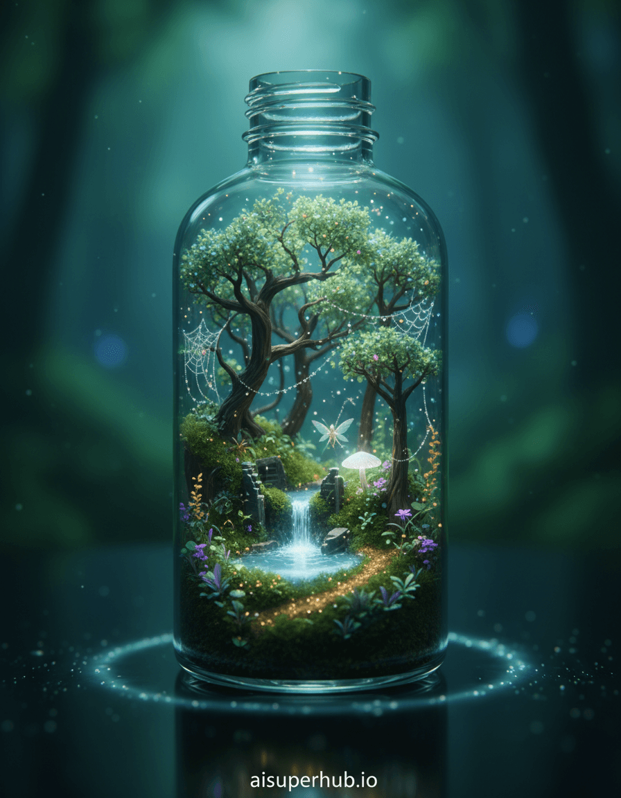 Create a hyper-realistic macro photograph depicting a miniature enchanted forest landscape encapsulated within a transparent glass water bottle for the Accessories shots. Inside the perfectly clear glass bottle, a vibrant, lush forest ecosystem thrives. Tiny, ancient-looking trees with glowing leaves sprout from a mossy ground, a miniature waterfall cascades into a glistening pond, and microscopic creatures move subtly between the flora. The water bottle itself is positioned slightly tilted, making the internal world appear as if defying gravity. Details to include: a minuscule, luminescent fae peering from behind a glowing mushroom, delicate spiderwebs woven between the tiny branches glistening with dew, a tiny ancient ruin partially submerged in the pond, a path of sparkling dust leading deeper into the miniature forest. The water bottle rests on a smooth, polished obsidian surface, reflecting a subtle, blurred glow from above. The background is a soft, out-of-focus bokeh of rich, deep emerald green and sapphire blue, suggesting a vast, otherworldly forest at a much larger scale, creating a sense of infinite depth beyond the bottle's confines. The lighting is ethereal and magical, with soft, diffused bioluminescent glows emanating from within the bottle, highlighting the tiny flora and fauna. A gentle, silvery moonbeam effect casts subtle shadows, adding to the dreamlike quality and a sense of peaceful wonder. A primary palette of rich emerald greens, deep sapphire blues, soft lavender, and iridescent silver and gold accents. A serene, enchanting, and awe-inspiring mood that evokes childlike wonder and discovery. Hyper-realistic macro photography, magical realism, fantasy art, volumetric lighting, intricate detail, bokeh background, rendered in Octane Render. Add overlay text at the bottom 'aisuperhub.io'