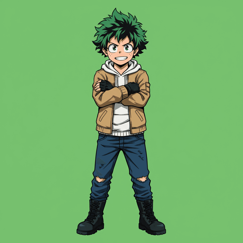 A full body portrait, digital illustration, hyperdetailed, of Izuku Midoriya from My Hero Academia in his casual hero attire: wearing a tan jacket with white hoody underneath, dark blue jeans with rips, and black fingerless gloves; with his arms crossed over each other and clenched fists, smiling determinedly. He has freckles, green hair, and green eyes. The background is a solid, bright green color. The style is reminiscent of anime with thick, dark outlines, cell shading, and a vibrant color palette. 4k resolution, masterpiece.