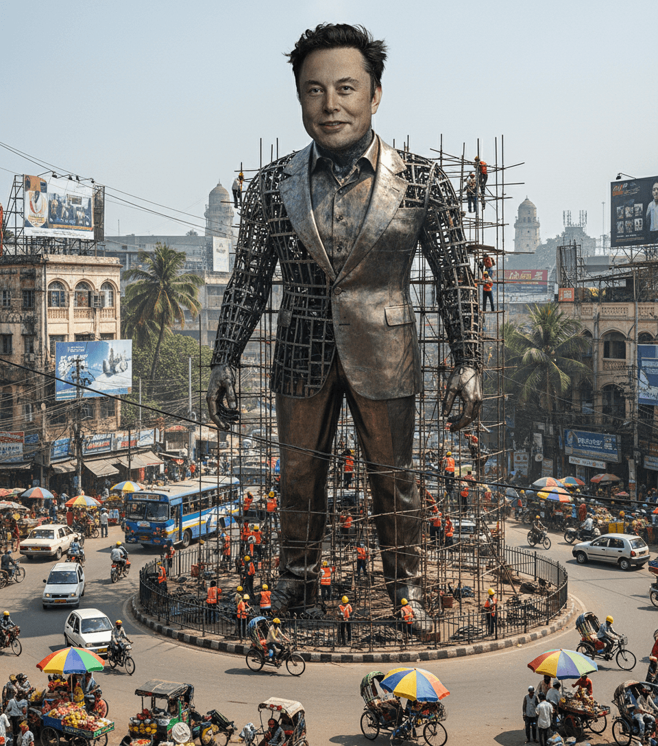 Create a giant hyper-realistic statue based on the given photo, keeping the original face exactly the same without changes. The statue stands tall in the middle of a roundabout in Dhaka, near a famous historical landmark. The statue is still under construction, surrounded by scaffolding, with many construction workers in yellow helmets and orange vests climbing, welding, and working on it. Parts of the statue's body are still exposed metal framework, while other sections are already detailed and finished. The background shows the realistic atmosphere of VARANASI CITY: crowded streets with colorful rickshaws, packed buses, and small cars circling the roundabout. Street vendors with tea stalls, fruit carts, and colorful umbrellas line the roadside. Shop signs, big billboards, and messy hanging electric wires crisscross above the streets, creating the typical Dhaka city vibe. The bright daytime sky shines above, with tropical trees and a bustling, lively atmosphere. prompt like aisuperhub.io , Style: photorealistic, vibrant, and full of life