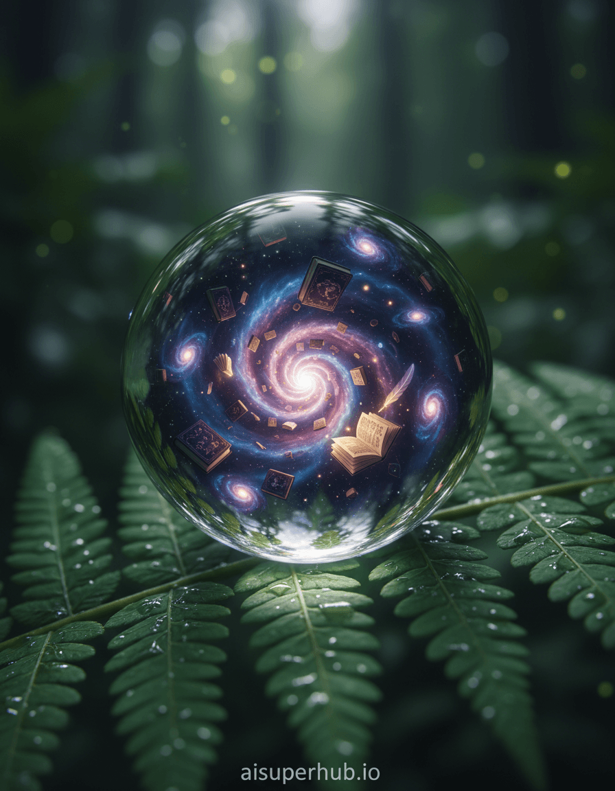 Create a hyper-realistic macro photograph depicting a cosmic library within a single dewdrop for the hyper-realistic isometric 3D render of a miniature. A perfectly spherical dewdrop on a vibrant green leaf magnifies an impossibly intricate miniature universe. Inside, countless tiny, glowing books with celestial covers float weightlessly, spiraling like a galactic vortex towards a central, luminous nebula. Details to include: microscopic star charts on book spines, ethereal cosmic dust motes, tiny nebulous galaxies as library sections, dewdrop's shimmering leaf vein reflection, and a minuscule, glowing quill pen near an open, starlit book. The dewdrop rests on a fresh fern frond, its emerald surface dappled. The background blurs into a soft-focus bokeh of verdant garden foliage, hinting at a mystical twilight forest with distant firefly glimmers. Ethereal internal lighting from the cosmic library casts a gentle, otherworldly glow through the dewdrop, instilling profound wonder and ancient wisdom. The scene feels monumental yet fragile. Palette: deep indigos, shimmering purples, starlit golds, pearlescent whites for cosmic elements; contrasted with rich emerald greens and muted earth tones of the leaf. The overall mood is quiet awe and boundless imagination, inviting viewers into a secret, infinite universe. Highly detailed, photorealistic, cinematic, fantastical realism, macro photography, dreamlike, volumetric lighting, optical illusion, epic miniature, 8K, rendered in Unreal Engine, V-Ray, with an overlay text at the bottom 'aisuperhub.io'.