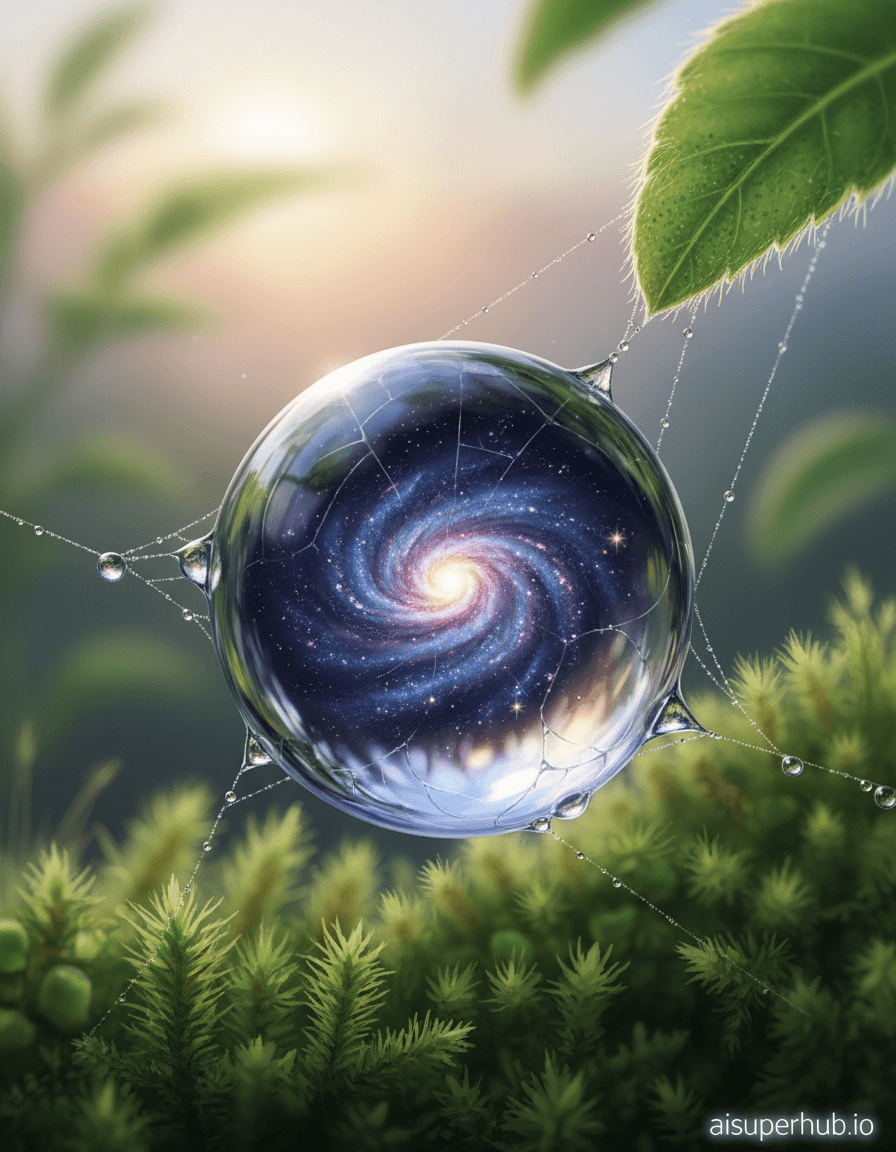 Create a hyper-realistic macro photograph depicting a celestial ocean contained within a single dewdrop for the highly detailed, hand-drawn, technical-style illustration. A perfectly spherical dewdrop, clinging to a silken spiderweb strand, serves as a cosmic viewport. Inside, a vibrant nebula swirls like a miniature galaxy, with tiny, sparkling stars. Details to include: Refracted light distorting the outer world on the dewdrop. Glistening microscopic spiderweb fibers. Faint iridescent sheen on its skin. Luminous dust particle 'planet' orbiting within the nebula. Blurred plant leaf fuzz background. The dewdrop is suspended within a lush micro-jungle of moss and plant life, bathed in early morning light. A softly blurred background hints at an expansive garden, intensely focusing on this intricate, hidden universe. Soft, ethereal dawn light filters through foliage, catching the dewdrop with a gentle, celestial glow, evoking wonder and serenity. This light illuminates the internal nebula with otherworldly luminescence. Deep cosmic indigo and violet for nebula, contrasted with sparkling silver and gold starlight. Natural greens and browns of moss and web, with hints of sunrise orange and pink refracted on the surface. A breathtaking sense of discovery and fragile, cosmic beauty. Photorealistic macro, highly detailed, fantastical realism, ethereal, cinematic quality, intricate texture, scientific illustration, mystical, 'aisuperhub.io' overlay text.