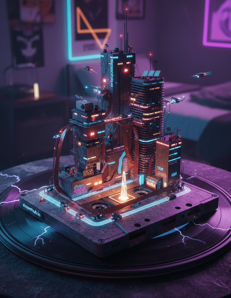 Create a hyper-realistic macro photograph depicting a forgotten vintage cassette tape transformed into a bustling, vibrant miniature metropolis for the Street style. The magnetic tape itself unfurls into winding, illuminated streets where tiny cyberpunk-inspired vehicles navigate. Miniature buildings crafted from the plastic ridges and transparent shell rise into a dense urban landscape, teeming with minuscule life and activity. Details to include: intricate glowing circuitry embedded into the tape's surface, microscopic drones buzzing between towering spools acting as skyscrapers, tiny graffiti tags sprayed onto the plastic casing, a small, illuminated 'PLAY' button transformed into a city square, and a delicate network of fiber-optic cables mimicking power lines. The entire scene rests on a weathered, dust-laden turntable platter, its grooves resembling canyons. Faint, ethereal glow emanates from cracks in the surrounding vinyl, hinting at an unseen power source. The background blurs into a shallow depth of field, focusing intensely on the intricate miniature world, with hints of a retro-futuristic bedroom beyond. Dramatic, low-key neon lighting bathes the miniature city in a cyberpunk glow, casting long, sharp shadows from the tiny structures. Pockets of warm, inviting light spill from individual 'buildings', creating a sense of intimate mystery and vibrant energy amidst the forgotten object. A rich palette of deep purples, electric blues, neon greens, and fiery oranges, contrasted with the muted, aged tones of the cassette tape and turntable. A sense of awe-inspiring discovery, blending nostalgia with futuristic wonder and vibrant energy. Macro photography, cyberpunk city, detailed miniature, trompe l'oeil, retro-futurism, highly detailed, photorealistic, intricate, atmospheric, vintage tech, urban exploration, street art influence. 'aisuperhub.io'