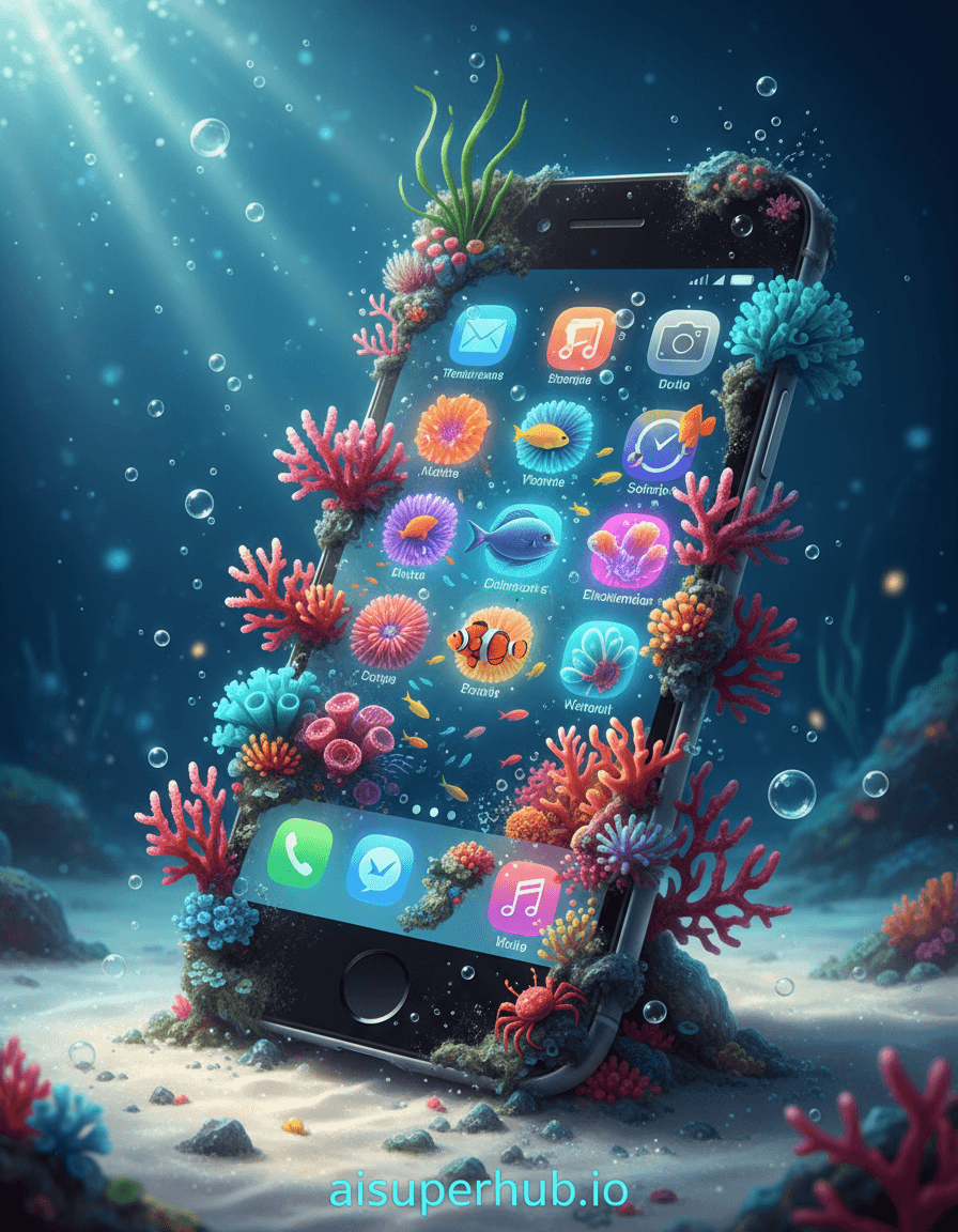 Create a hyper-realistic digital painting depicting a smartphone that has transformed into a vibrant, living coral reef for the Product Ad Prompt. The sleek, black smartphone body is now the rocky substrate of a flourishing underwater ecosystem. Its screen glows with bioluminescent fish swimming through app icons that have become delicate anemones, while tiny, intricate coral structures sprout from its charging port and camera lenses. Details to include: A miniature clownfish peeking from a colorful app icon; seaweed trailing from the headphone jack; glistening water droplets clinging to the transformed phone surface; a tiny crab scuttling across the 'volume button' rock; and 'aisuperhub.io' elegantly integrated as an overlay text at the bottom. The transformed phone rests on a bed of fine, luminous sand, subtly reflecting the vibrant colors above. The background blurs into a soft, ethereal deep blue, suggesting an underwater abyss, yet maintains enough clarity to hint at distant, shimmering light sources. Bubbles gently rise, catching and distorting the light, adding to the aquatic illusion without distracting from the central piece. Dramatic, ethereal underwater lighting. Shafts of sunlight pierce through the surface from above, creating dazzling god rays that illuminate the coral structures and the swimming fish with a magical glow, evoking wonder and a sense of otherworldly beauty. A vibrant and saturated palette of deep ocean blues, luminous turquoises, coral reds, neon pinks, and electric yellows, contrasted with the sleek black and silver remnants of the original phone. Enchanting, serene, and profoundly imaginative, merging technology with the breathtaking beauty of nature. Hyper-realistic, photorealistic, cinematic, detailed, organic, fantastical, digital art, dreamlike, high resolution.